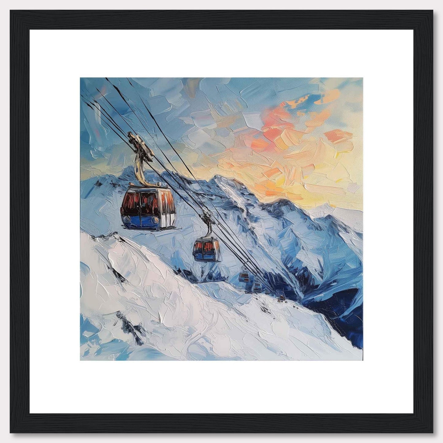 This stunning painting captures a picturesque mountain scene with two cable cars gliding over snowy peaks as the sun sets, casting a warm glow across the sky.