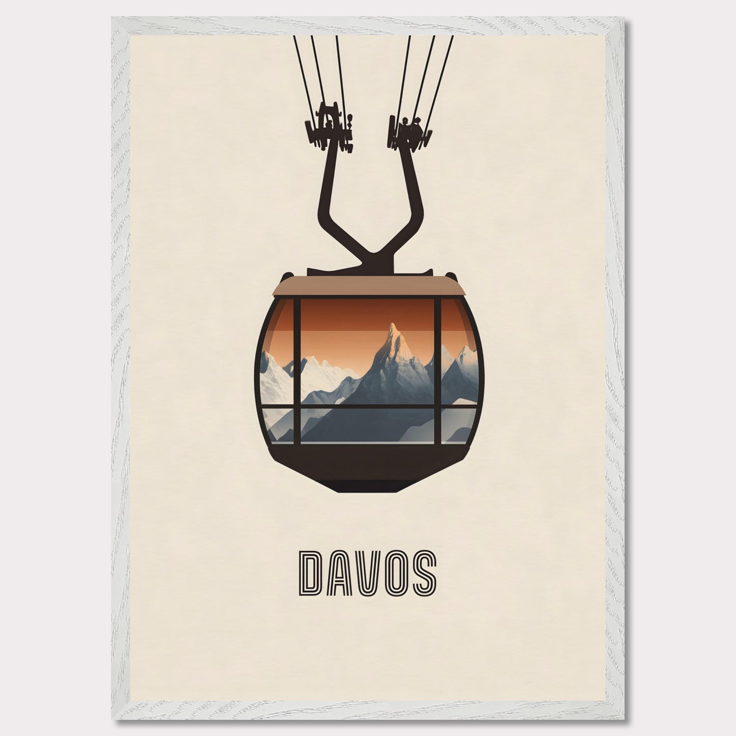 A striking minimalist poster featuring a cable car with a breathtaking view of the Swiss Alps. The warm tones contrast with the cool mountain peaks, evoking the excitement of alpine adventures.