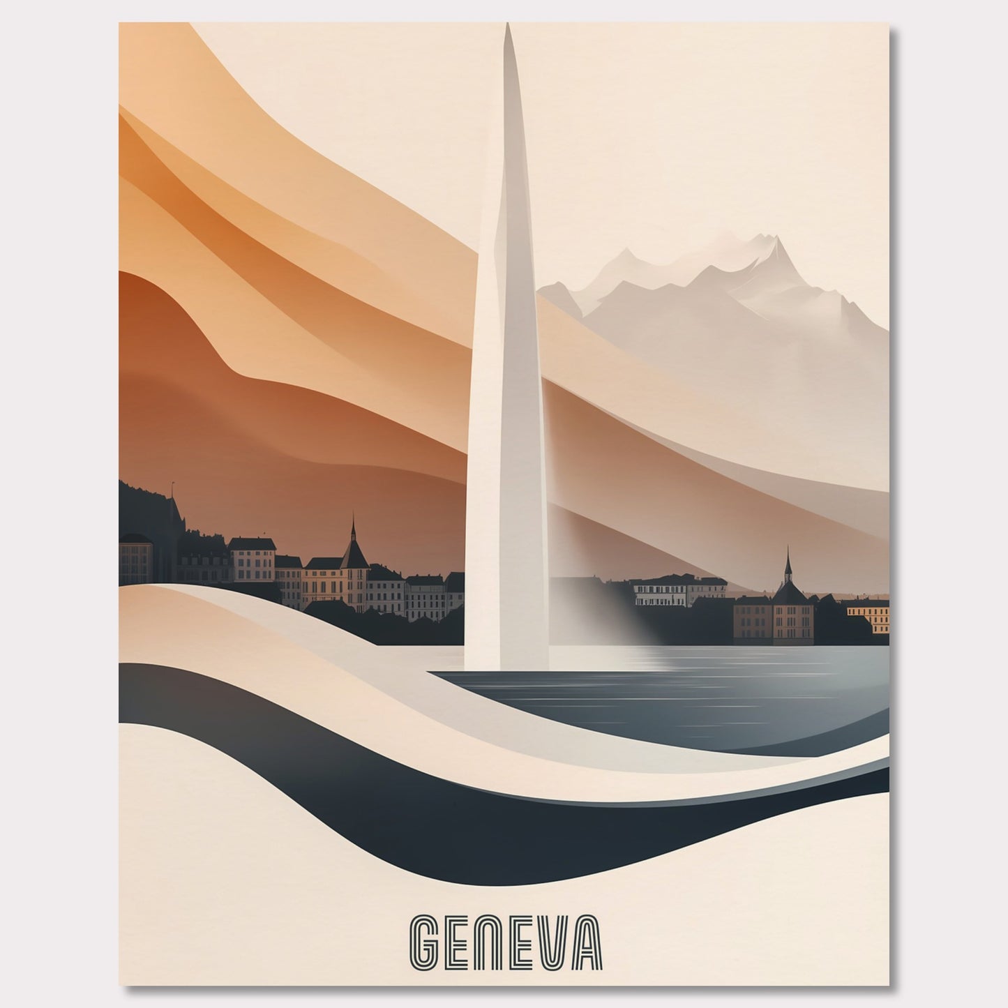 A modern and elegant poster of Geneva’s famous Jet d’Eau fountain, seamlessly blending into the landscape. Smooth curves and warm hues create a sense of fluidity and movement.