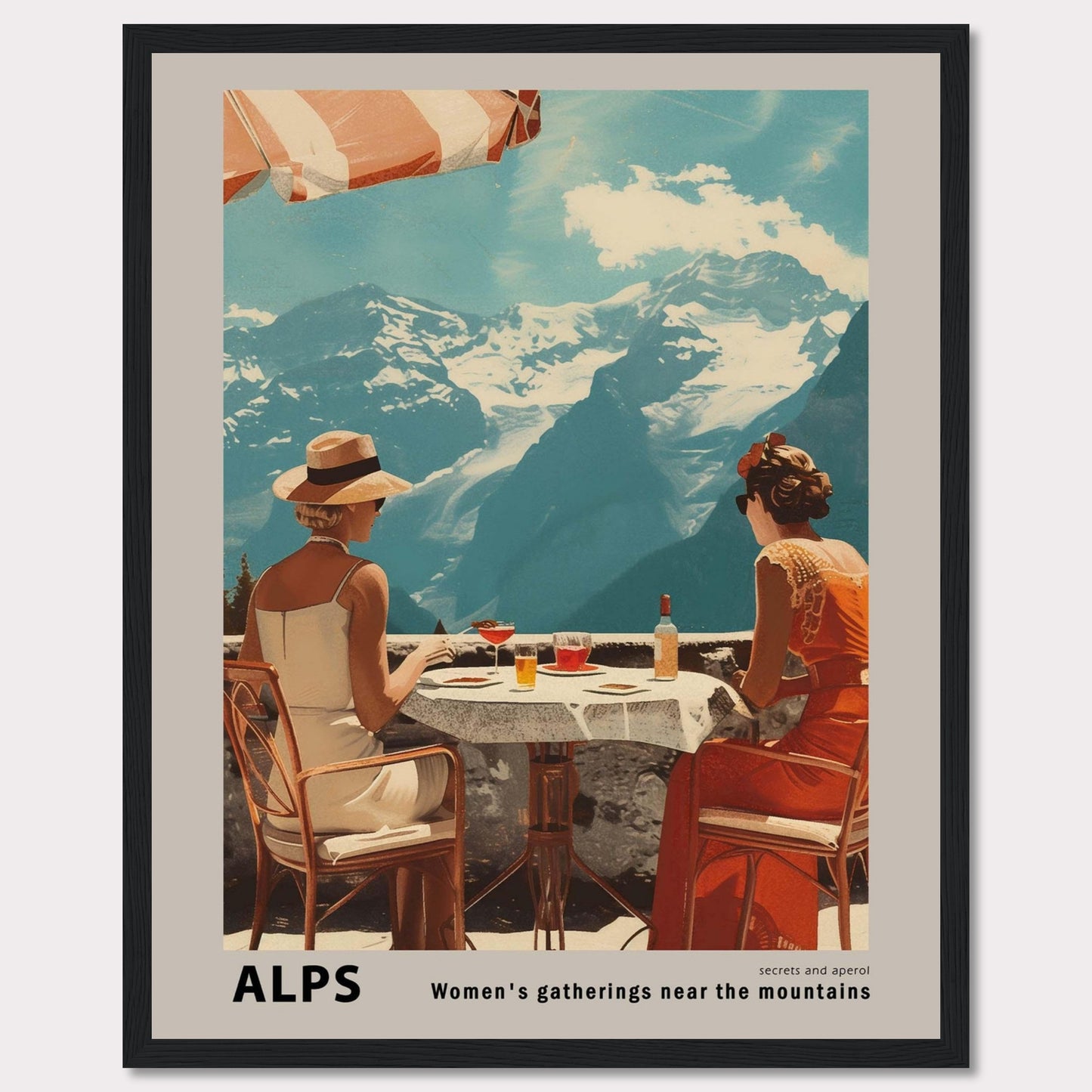 A beautiful vintage-style poster depicting two women enjoying a drink at a table with a stunning view of the Alps mountains in the background.