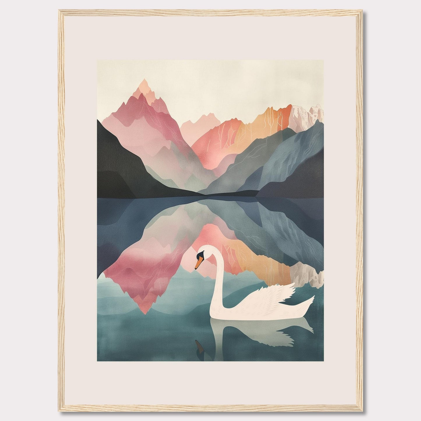 This captivating artwork features a serene swan gliding across a tranquil lake, surrounded by majestic mountains in pastel hues. The reflection of the mountains and the swan in the calm water adds a mesmerizing symmetry to the scene. The soft, muted colors evoke a sense of peace and tranquility.