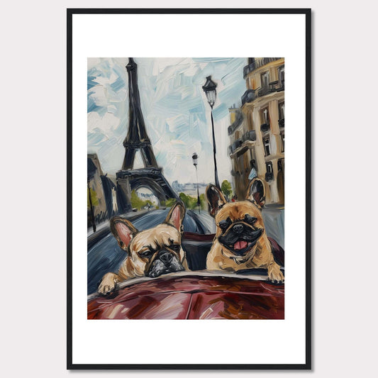 This vibrant painting captures two adorable French Bulldogs enjoying a ride in a car with the iconic Eiffel Tower in the background. The artwork beautifully blends elements of Parisian architecture, street lamps, and the joyful expressions of the dogs.