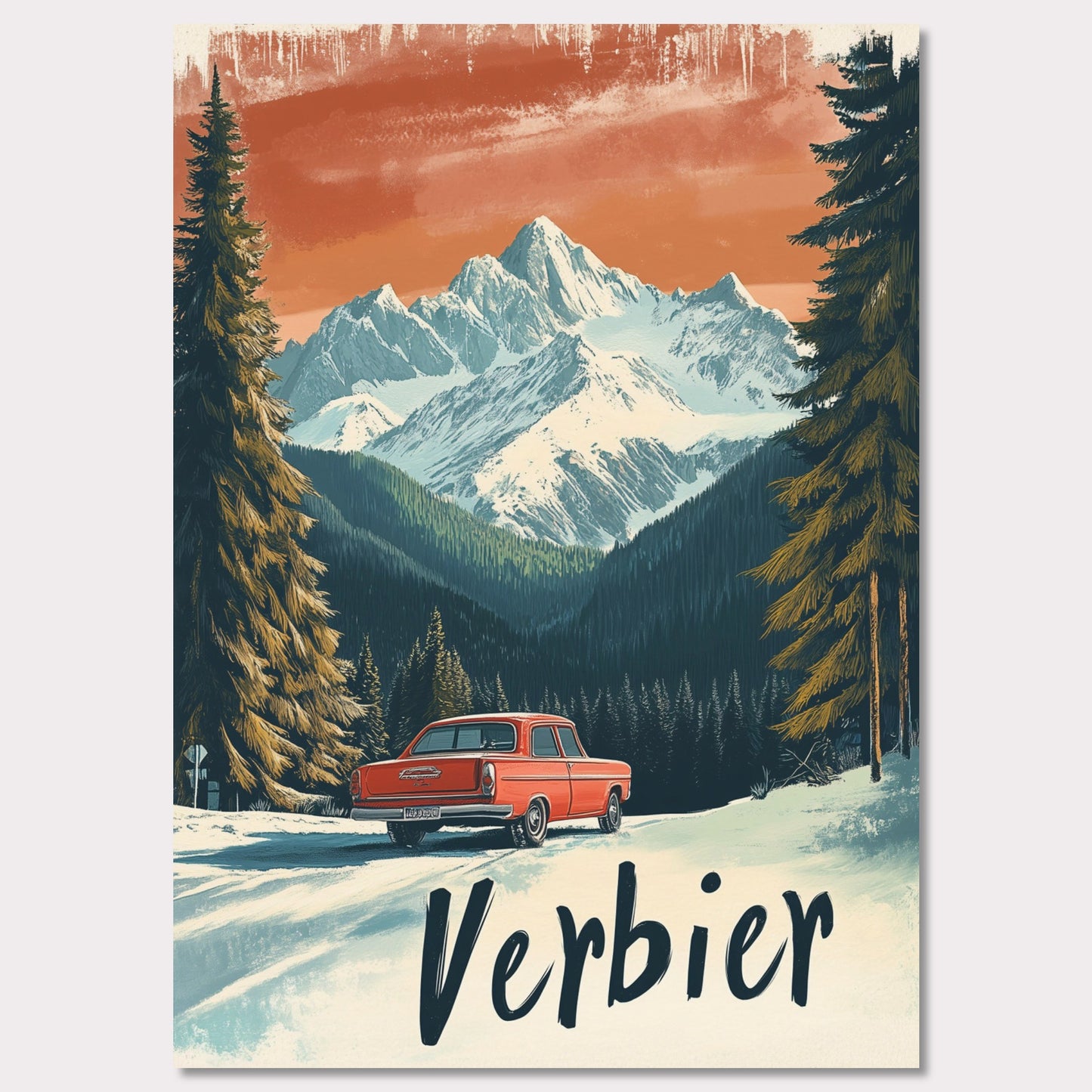 This striking retro-style poster depicts a vintage car driving through a snowy mountain landscape in Verbier. The red car stands out against the backdrop of majestic, snow-covered peaks and towering trees, with the warm orange hues of the sky adding to the nostalgic vibe. The vintage typography and artistic style evoke the allure of road trips through the Swiss Alps, offering a sense of freedom and adventure in a winter wonderland.