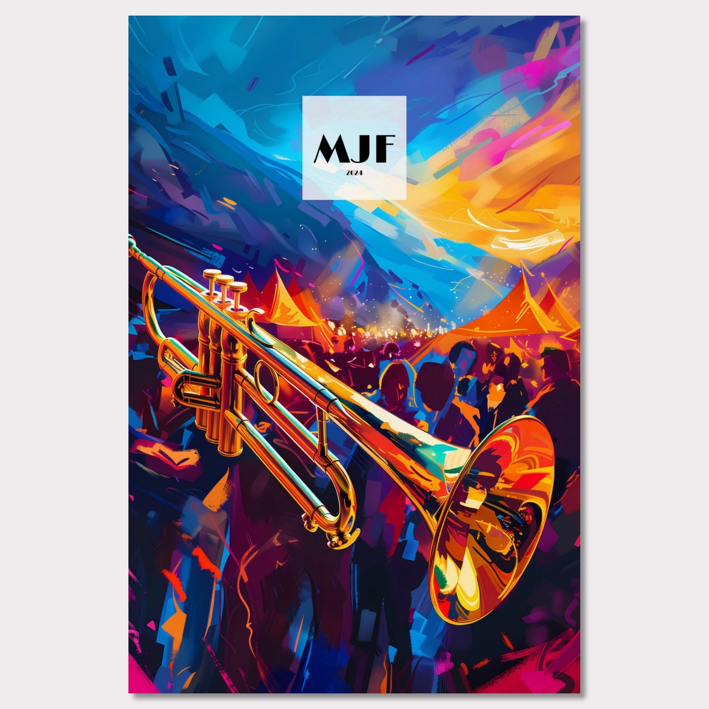 This vibrant poster captures the essence of a lively jazz festival. A gleaming trumpet takes center stage, set against a backdrop of colorful tents and an enthusiastic crowd. The sky is painted with dynamic strokes of blue and orange, adding to the energetic atmosphere.