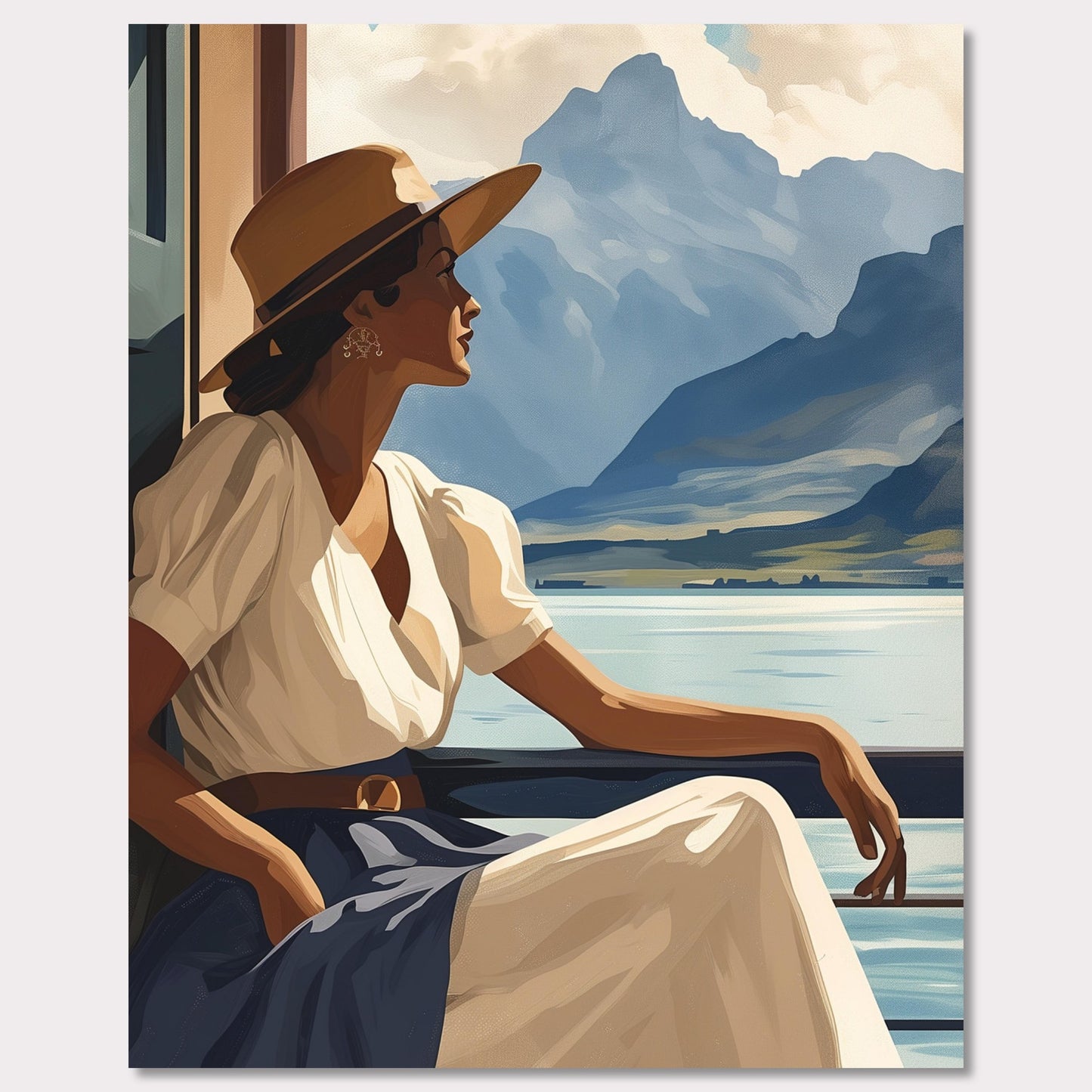 Girl near mountain water Poster