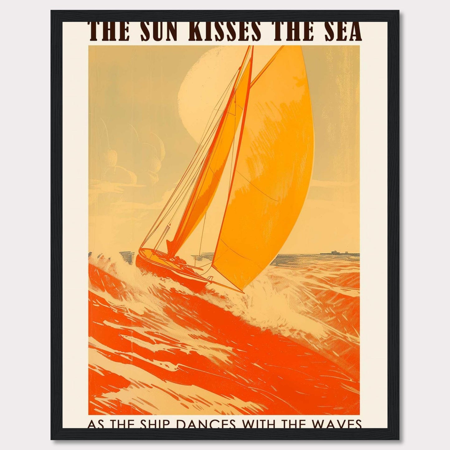 This vibrant poster captures the essence of sailing with a bright orange sailboat cutting through the waves under a warm sun. The bold text reads, "THE SUN KISSES THE SEA" and "AS THE SHIP DANCES WITH THE WAVES," evoking a sense of adventure and freedom.