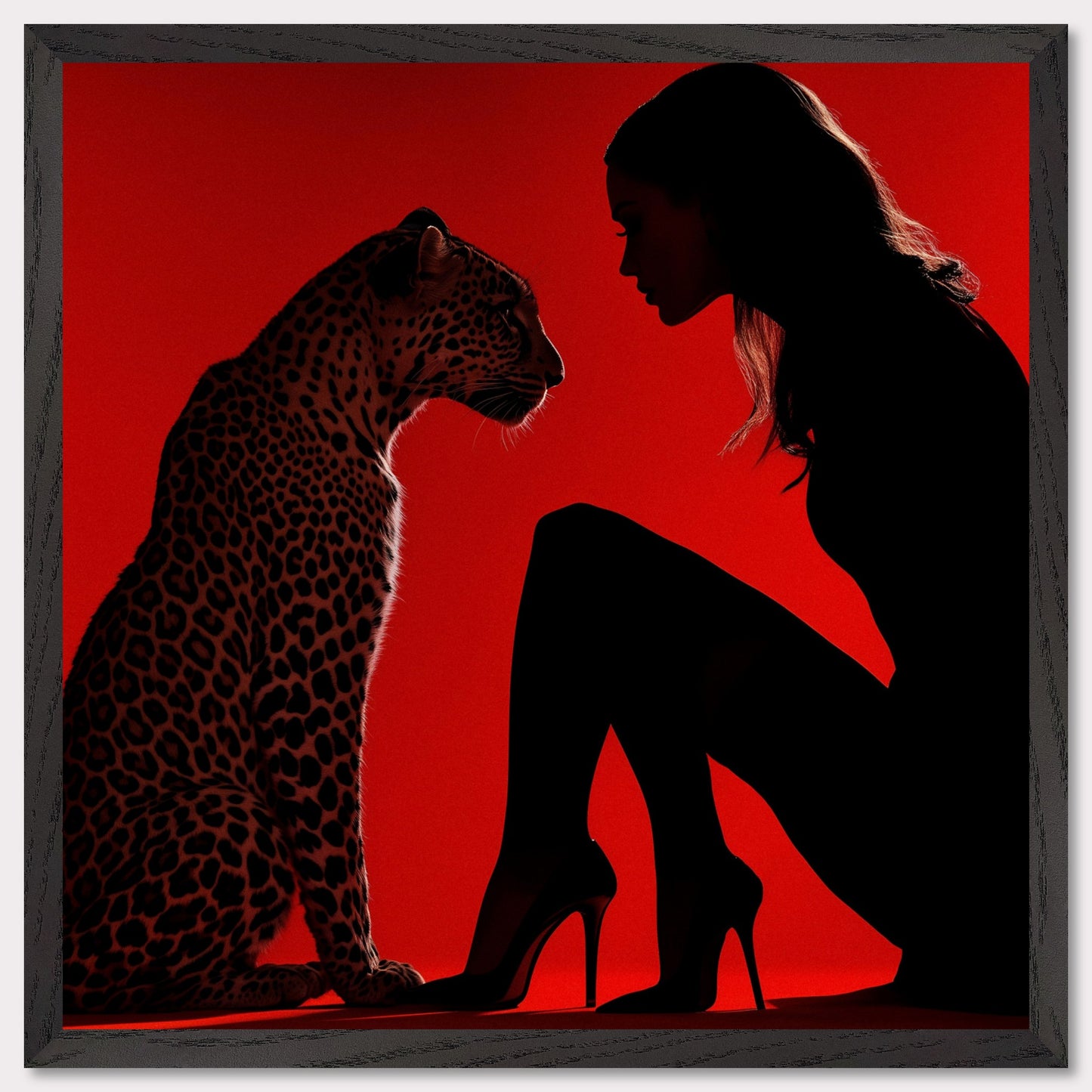 This illustration depicts a silhouette of a woman and a leopard against a vibrant red background. The woman is wearing high heels and is in a kneeling position, facing the leopard. The scene creates a dramatic and intense atmosphere through the use of contrasting colors and shadow play.