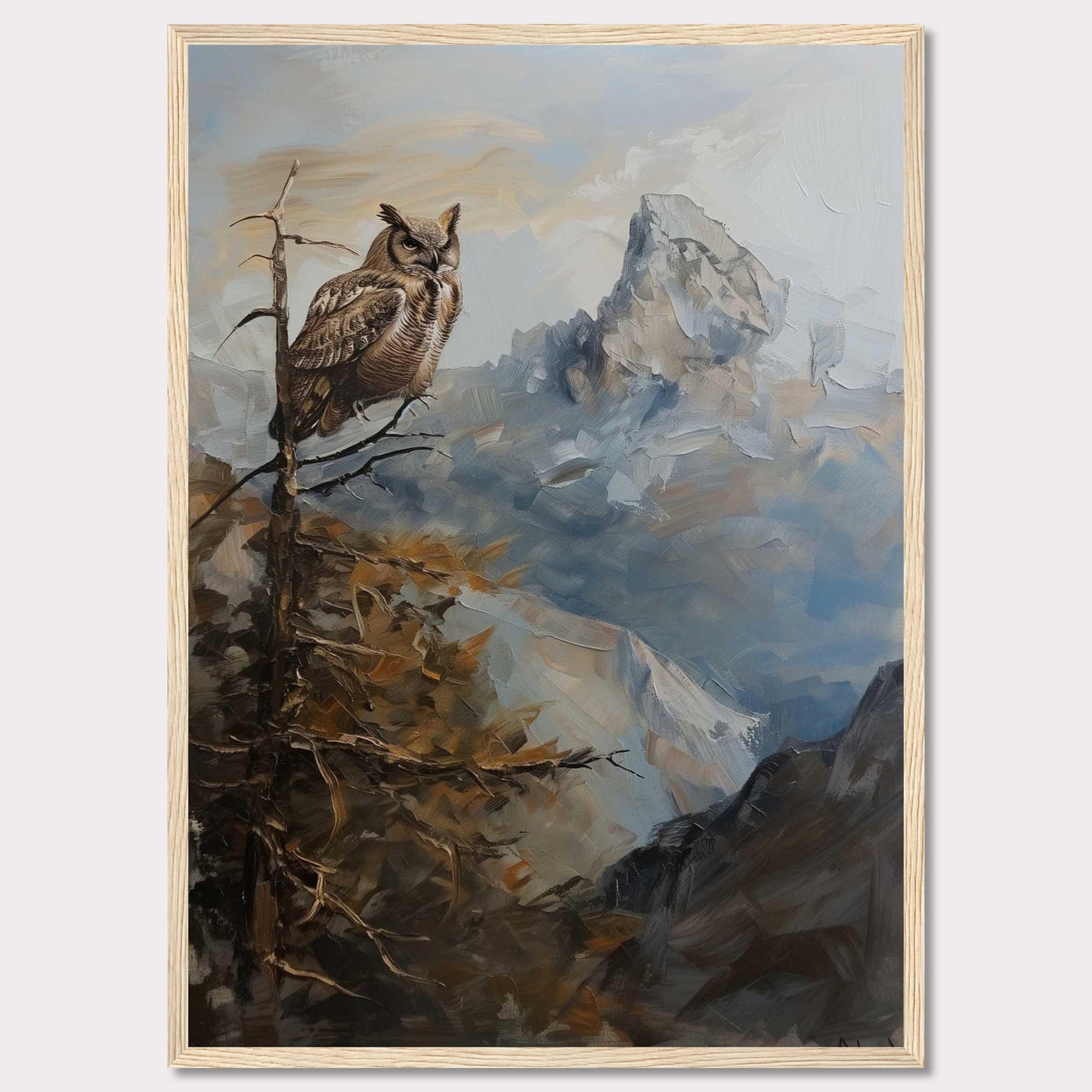 This captivating painting depicts a majestic owl perched on a branch, overlooking a rugged mountain landscape. The scene is rendered in rich, earthy tones and dynamic brushstrokes, capturing the serene yet powerful essence of nature.