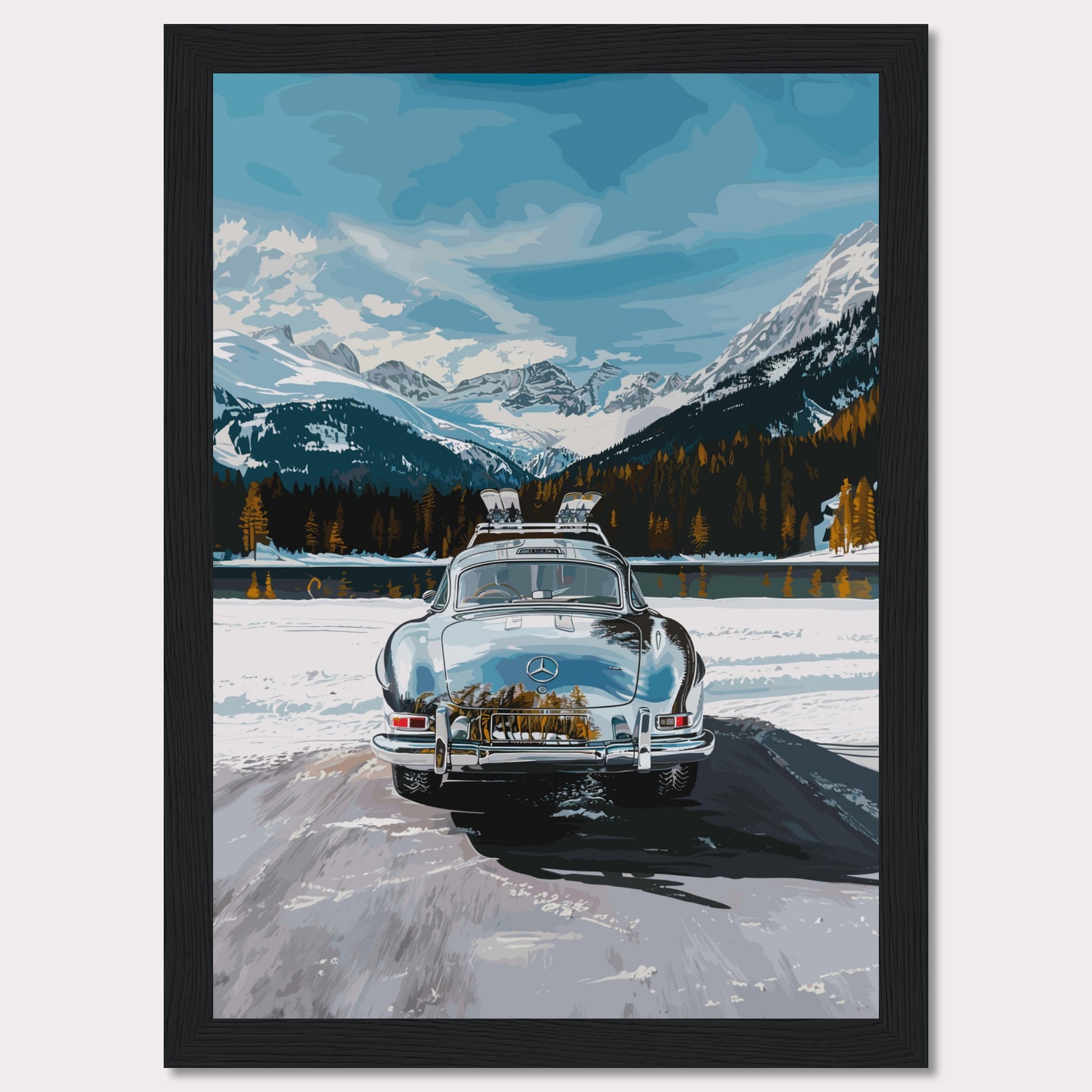 This artwork features a classic car parked on a snowy road with breathtaking snow-capped mountains and a serene lake in the background.