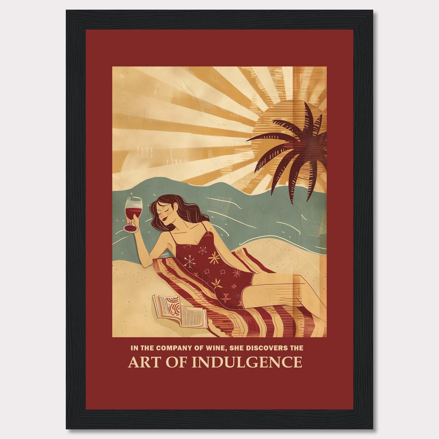 This vibrant poster features a woman relaxing on a beach with a glass of wine. The sun is setting behind a palm tree, casting warm rays over the scene. She is lying on a striped blanket with an open book beside her, embodying a moment of pure relaxation and indulgence.