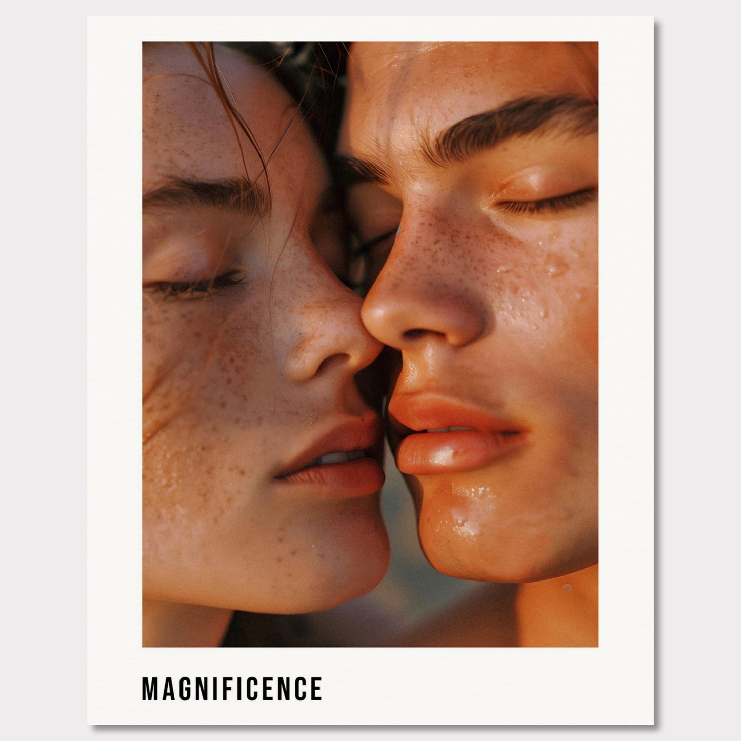 This illustration shows a close-up of two individuals with their faces intimately close, highlighting their freckles and closed eyes.

This poster will fit well in a modern living room, bedroom, or art studio, adding a touch of elegance and intimacy to the space.