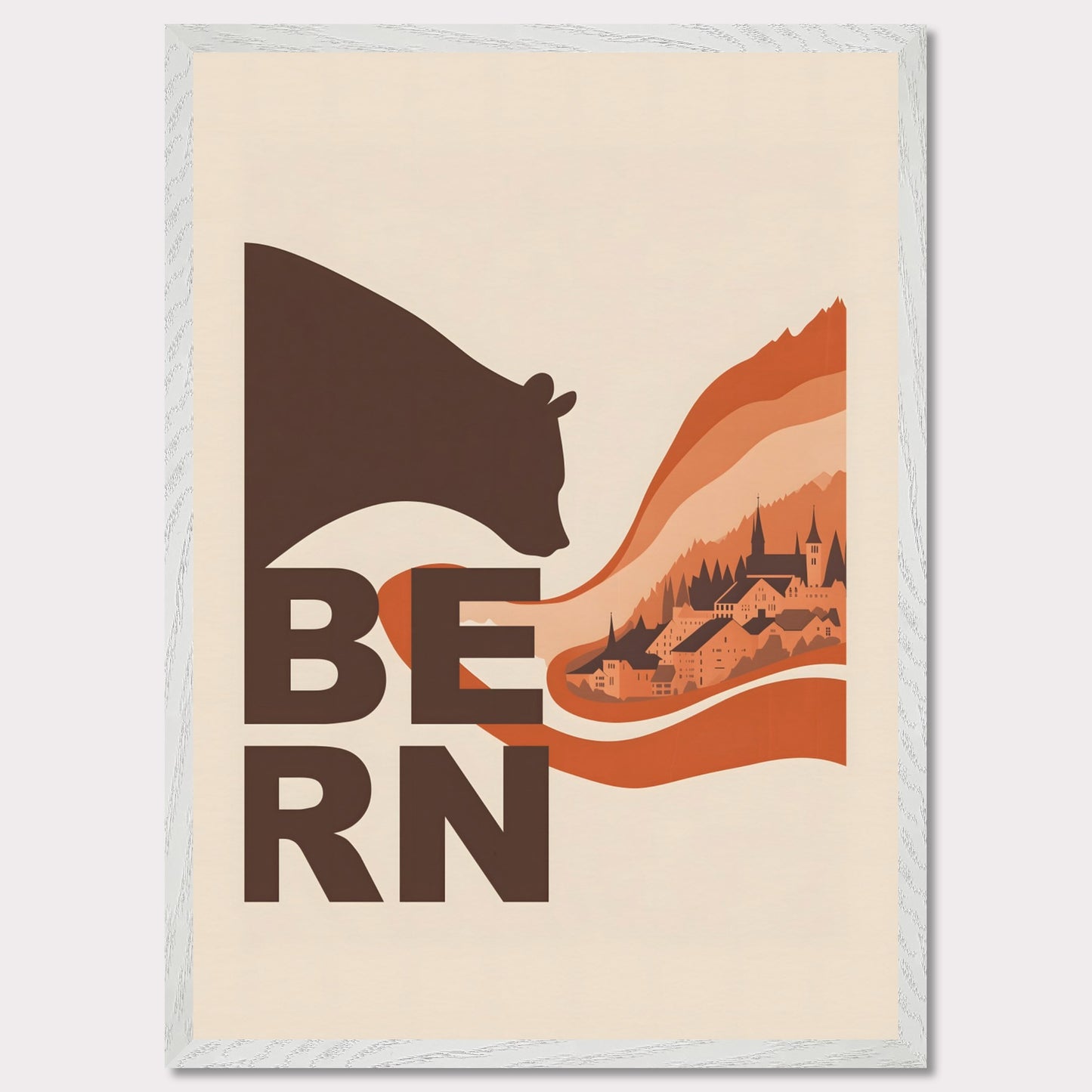 This elegant poster portrays a bear embracing the architectural landscapes of Bern. With flowing lines connecting nature and culture, it conveys the charm of this Swiss city.