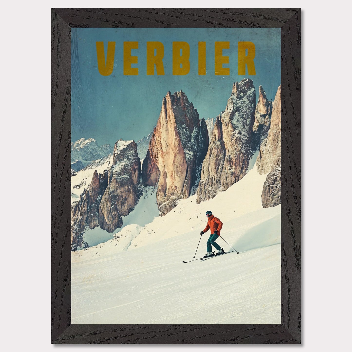 This stunning vintage poster showcases the essence of skiing in Verbier, with a lone skier carving through fresh powder beneath towering, jagged alpine peaks. The vibrant orange jacket of the skier contrasts beautifully with the crisp, snowy landscape and the rugged beauty of the mountains. The bold, retro typography reinforces the feeling of adventure and nostalgia, inviting viewers to experience the thrill of Verbier’s iconic slopes.