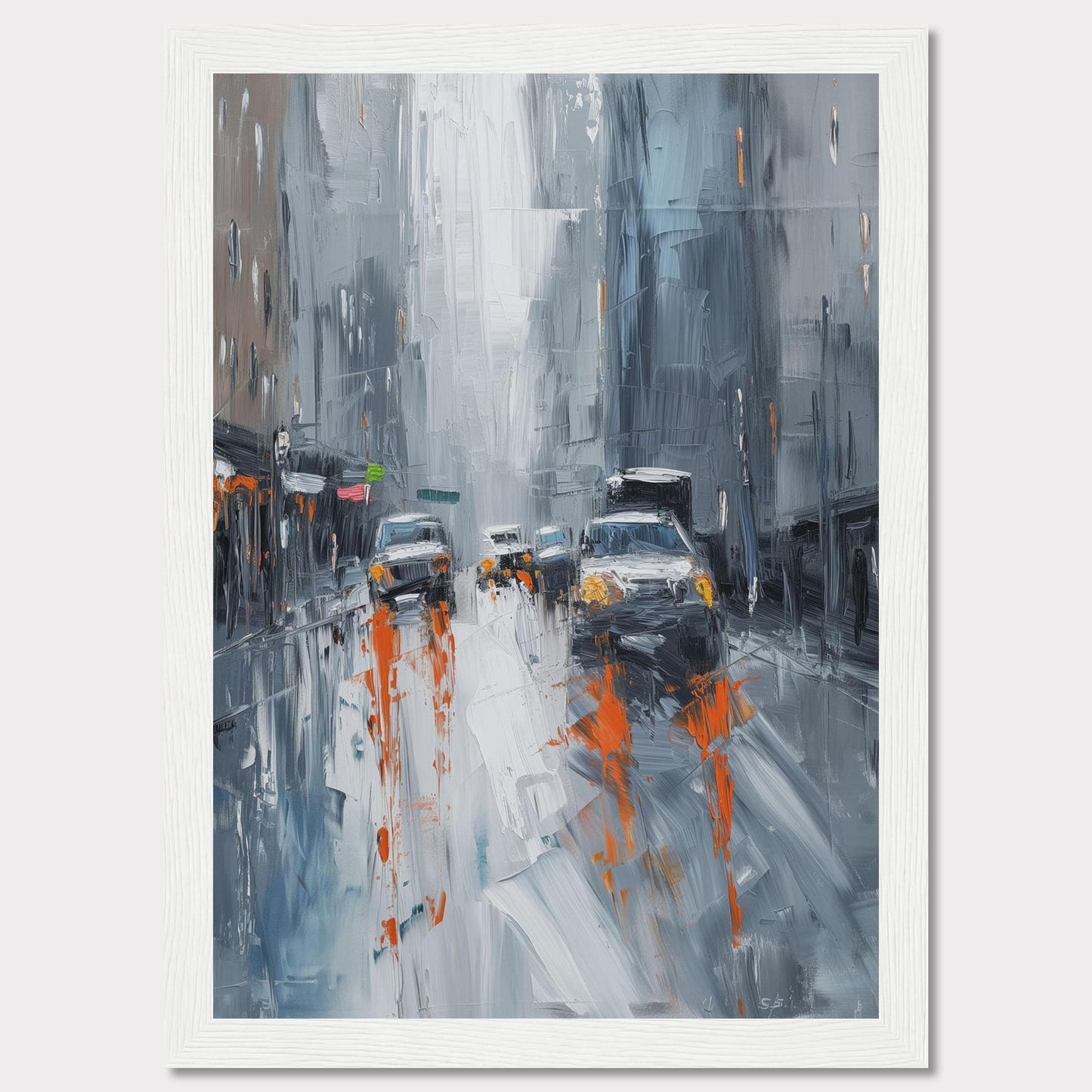 This captivating painting portrays a rainy city street with cars and buildings enveloped in a misty atmosphere. The artist uses bold brushstrokes and a muted color palette with pops of orange to depict the bustling urban scene.