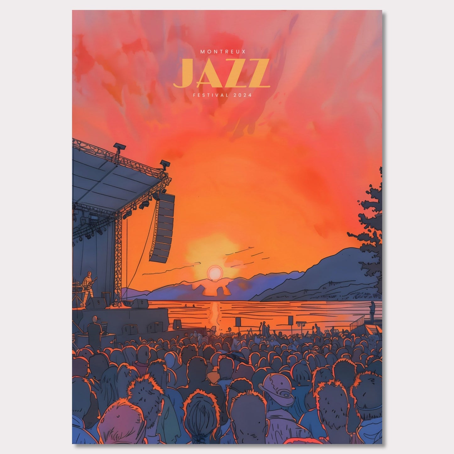 This vibrant poster showcases the Montreux Jazz Festival 2024, capturing the essence of a live outdoor concert at sunset. The scene is set with a large crowd facing a stage where a musician performs against a backdrop of a stunning sunset over a lake and mountains.