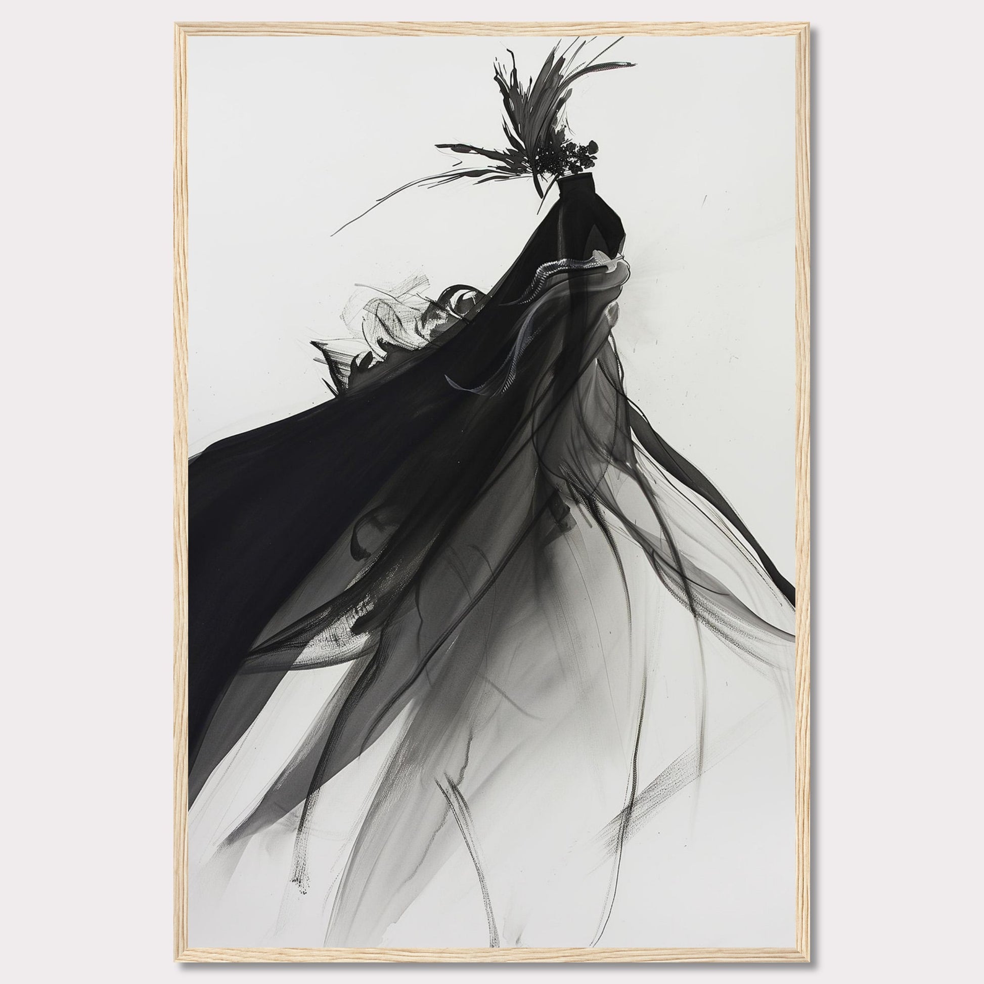 This captivating artwork features a fluid, abstract depiction of a black swan in motion, rendered in striking black and white tones. The swan is adorned with a dramatic headpiece and flowing plumage that create a sense of elegance and movement.