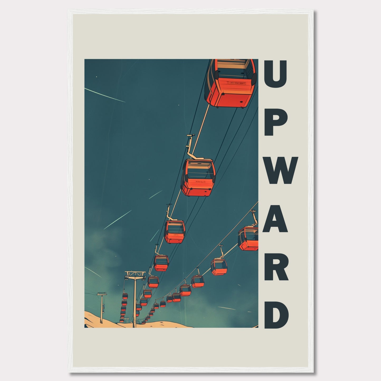 This striking artwork features a series of red cable cars ascending into a deep blue sky, evoking a sense of adventure and upward momentum. The word "UPWARD" is boldly displayed along the right side, reinforcing the theme of progress and elevation.