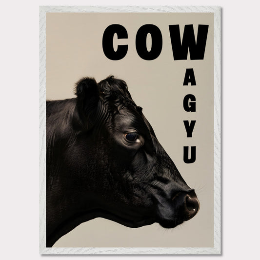 This image features a close-up profile of a black cow against a neutral background. The word "COW" is prominently displayed in bold black letters at the top, while the word "WAGYU" is arranged vertically on the right side.