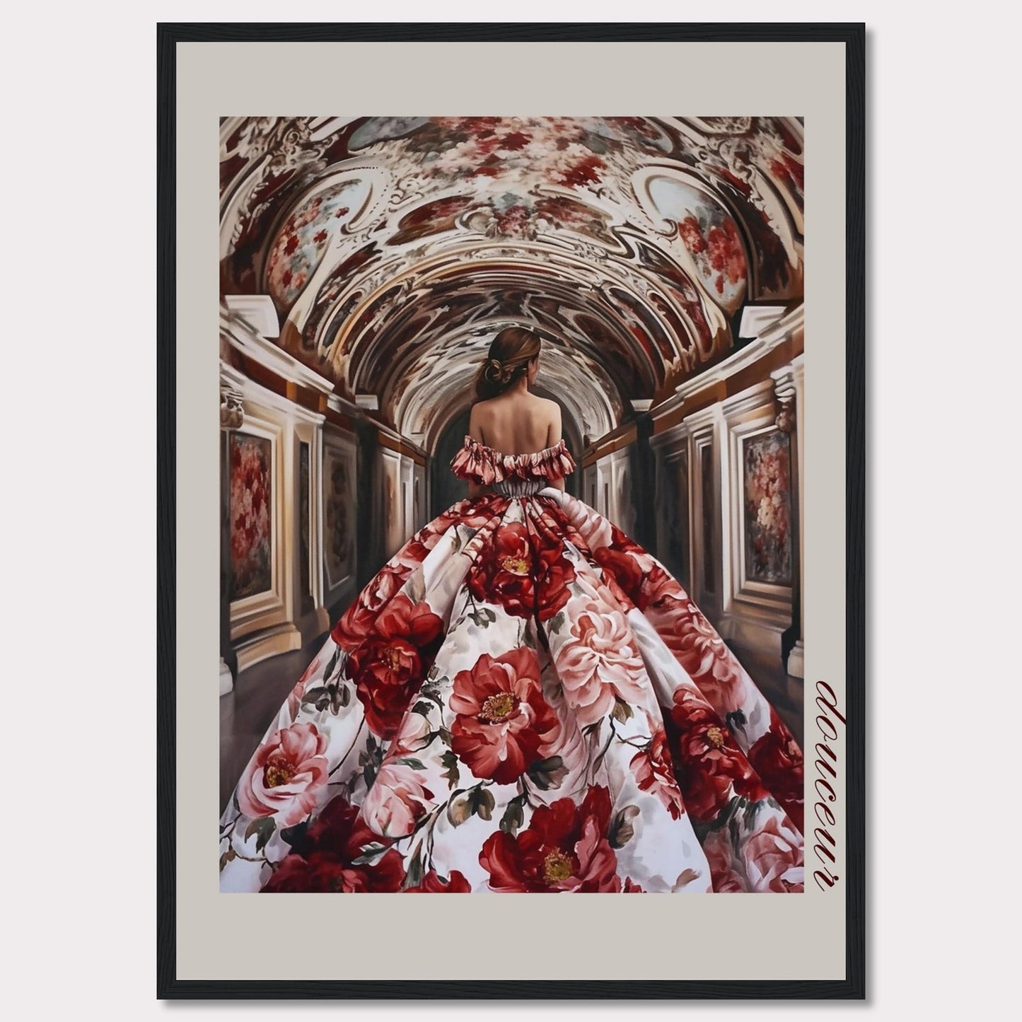 This stunning artwork features a woman in an opulent floral gown walking through an intricately decorated corridor. The scene exudes elegance and grandeur, capturing a moment of timeless beauty.