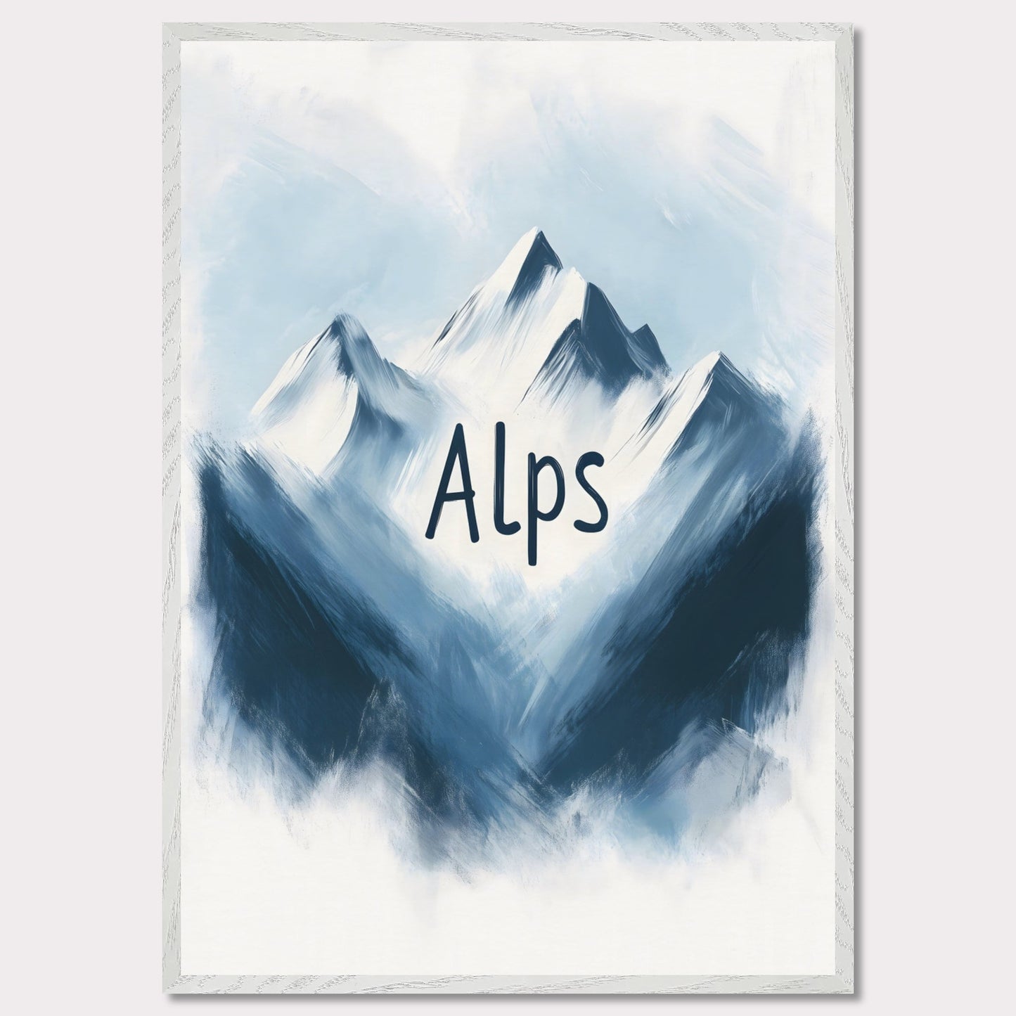 This minimalistic poster captures the raw beauty of alpine peaks, portrayed in a painterly, soft blue tone. The ethereal ambiance evokes a sense of peace and awe, celebrating the untouched splendor of nature.