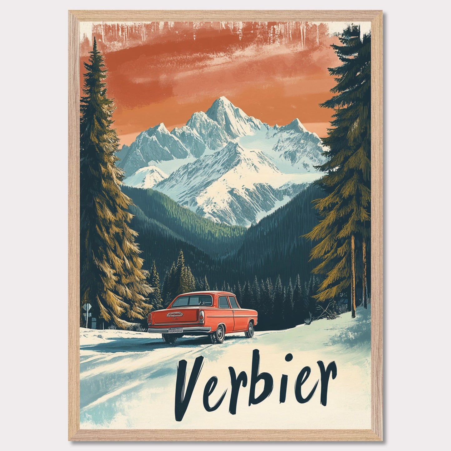 This striking retro-style poster depicts a vintage car driving through a snowy mountain landscape in Verbier. The red car stands out against the backdrop of majestic, snow-covered peaks and towering trees, with the warm orange hues of the sky adding to the nostalgic vibe. The vintage typography and artistic style evoke the allure of road trips through the Swiss Alps, offering a sense of freedom and adventure in a winter wonderland.