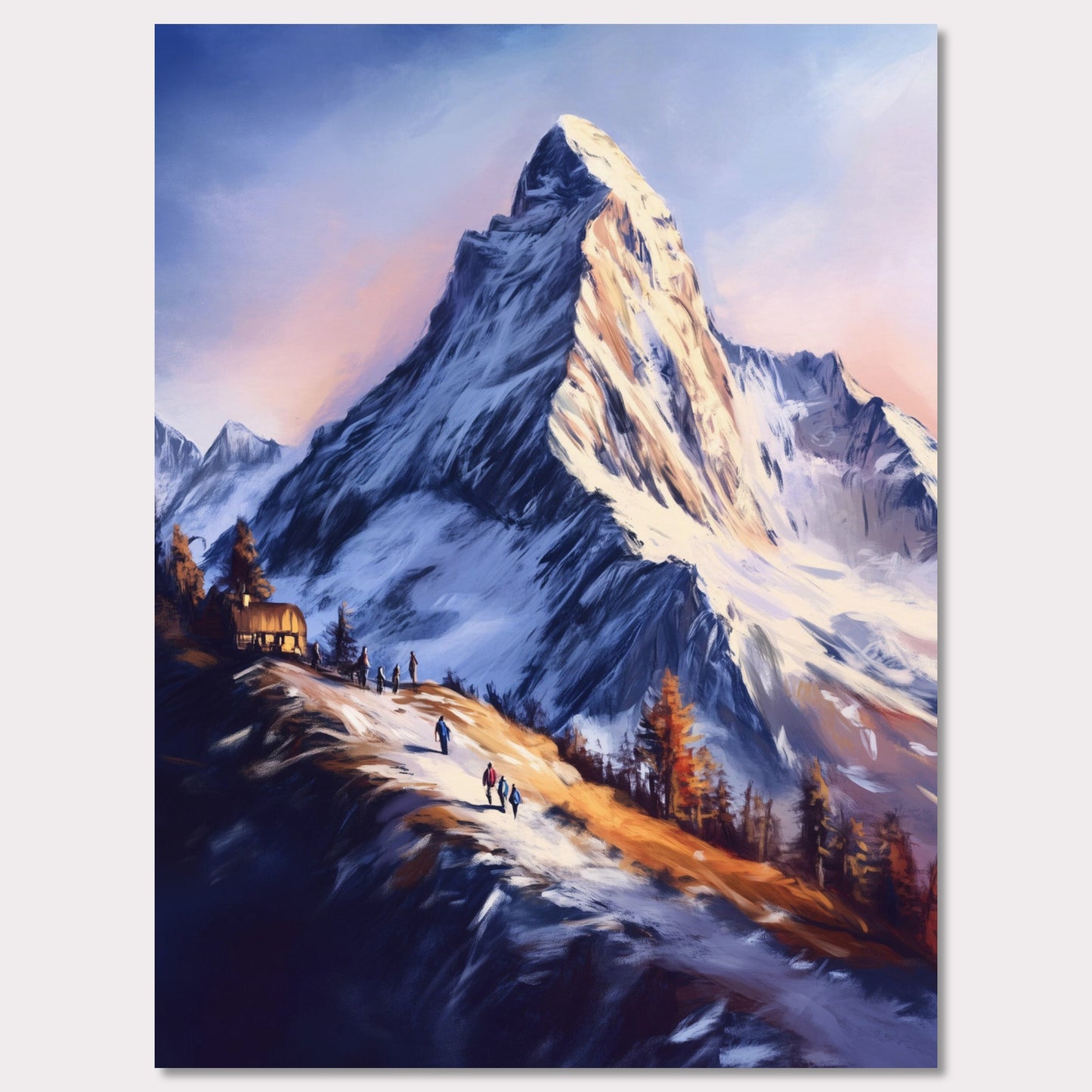 This atmospheric poster captures the awe-inspiring beauty of Zermatt, emphasizing the grandeur of the Matterhorn as it towers over a snow-dusted trail bathed in golden light. The soft, painterly style evokes a sense of tranquility and adventure, blending the rugged alpine landscape with the warmth of human activity.