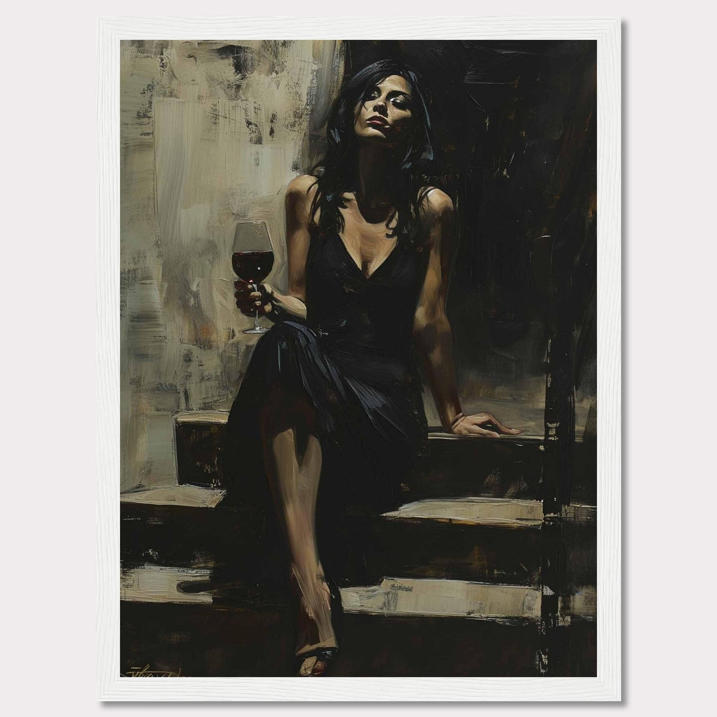 This captivating painting depicts a woman in an elegant black dress, seated on a set of steps. She holds a glass of red wine, exuding confidence and sophistication. The dark, moody background contrasts with her poised demeanor, creating a sense of intrigue and allure.