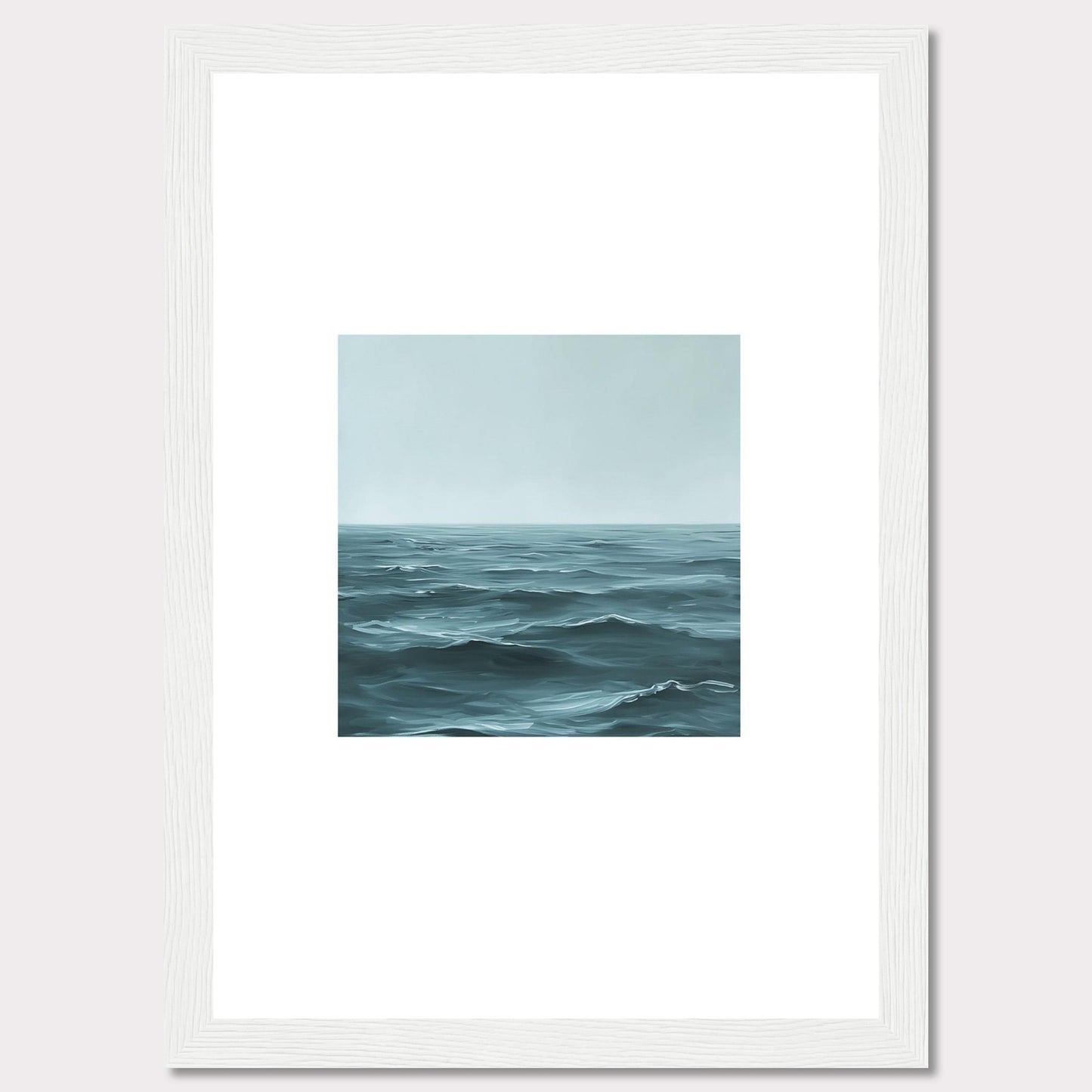 This serene artwork captures the vastness of the ocean, inviting a sense of calm and tranquility into any space. The painting features gentle waves under a soft, misty sky, framed elegantly in black.