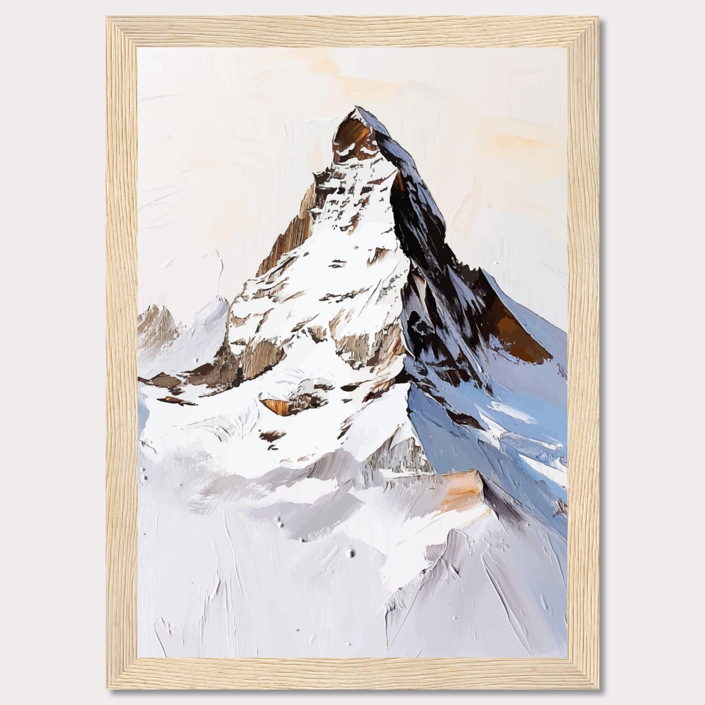 This image showcases a striking painting of a snow-covered mountain peak, likely inspired by the majestic Matterhorn. The artwork features bold brush strokes and a mix of white, brown, and blue hues, capturing the rugged beauty of the alpine landscape.