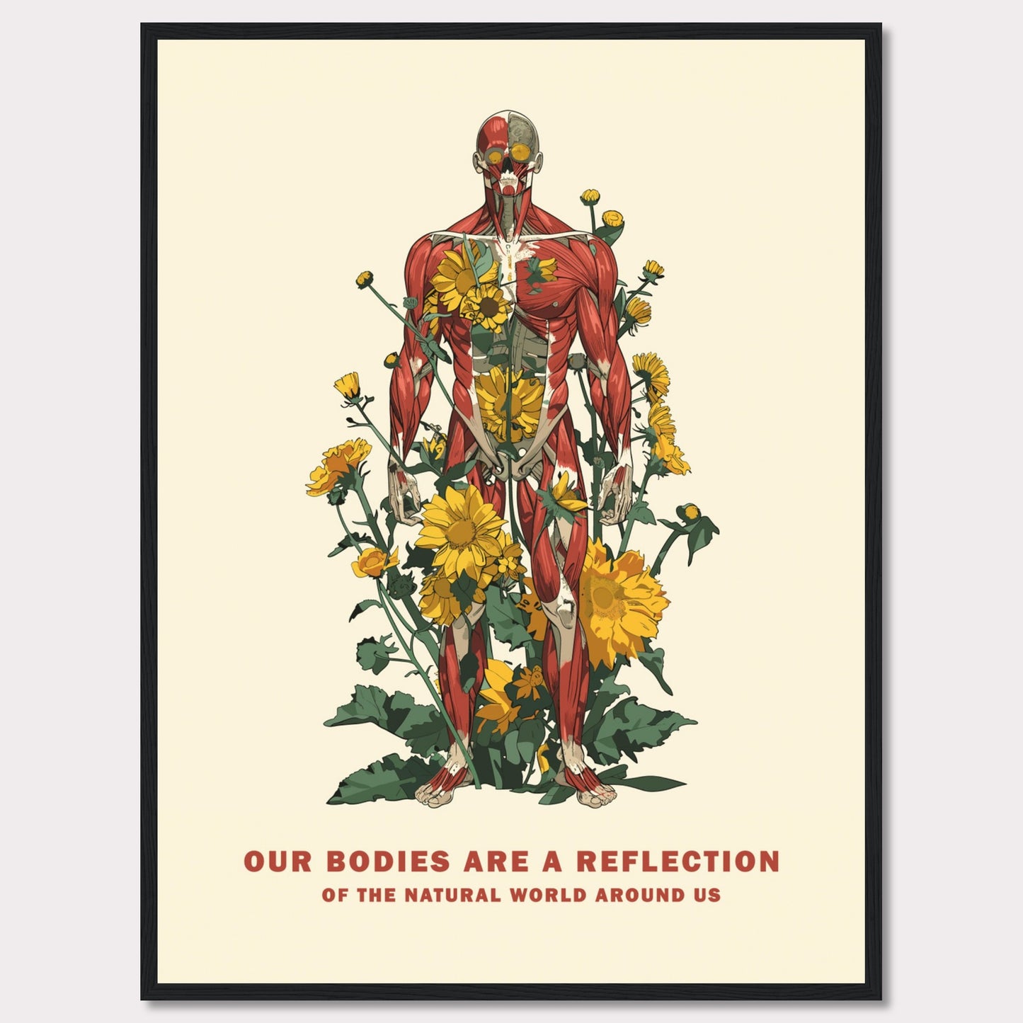 This image features a detailed anatomical illustration of a human body intertwined with vibrant yellow flowers and green foliage. The artwork highlights the connection between human anatomy and nature.