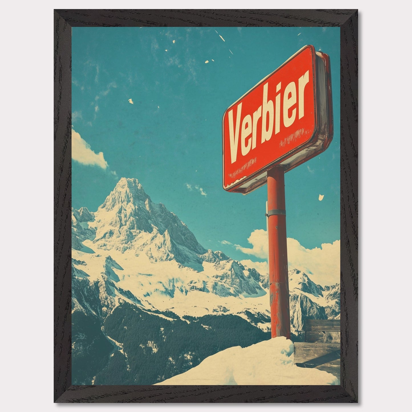 This striking retro-style poster showcases the iconic "Verbier" sign against the backdrop of towering snow-covered peaks and a bright blue sky. The rustic sign, partially worn by time, perfectly complements the expansive, untouched wilderness of the Swiss Alps. The vintage color palette and texture evoke a sense of nostalgia, capturing the allure of Verbier as a timeless destination for adventure and escape into nature’s beauty.