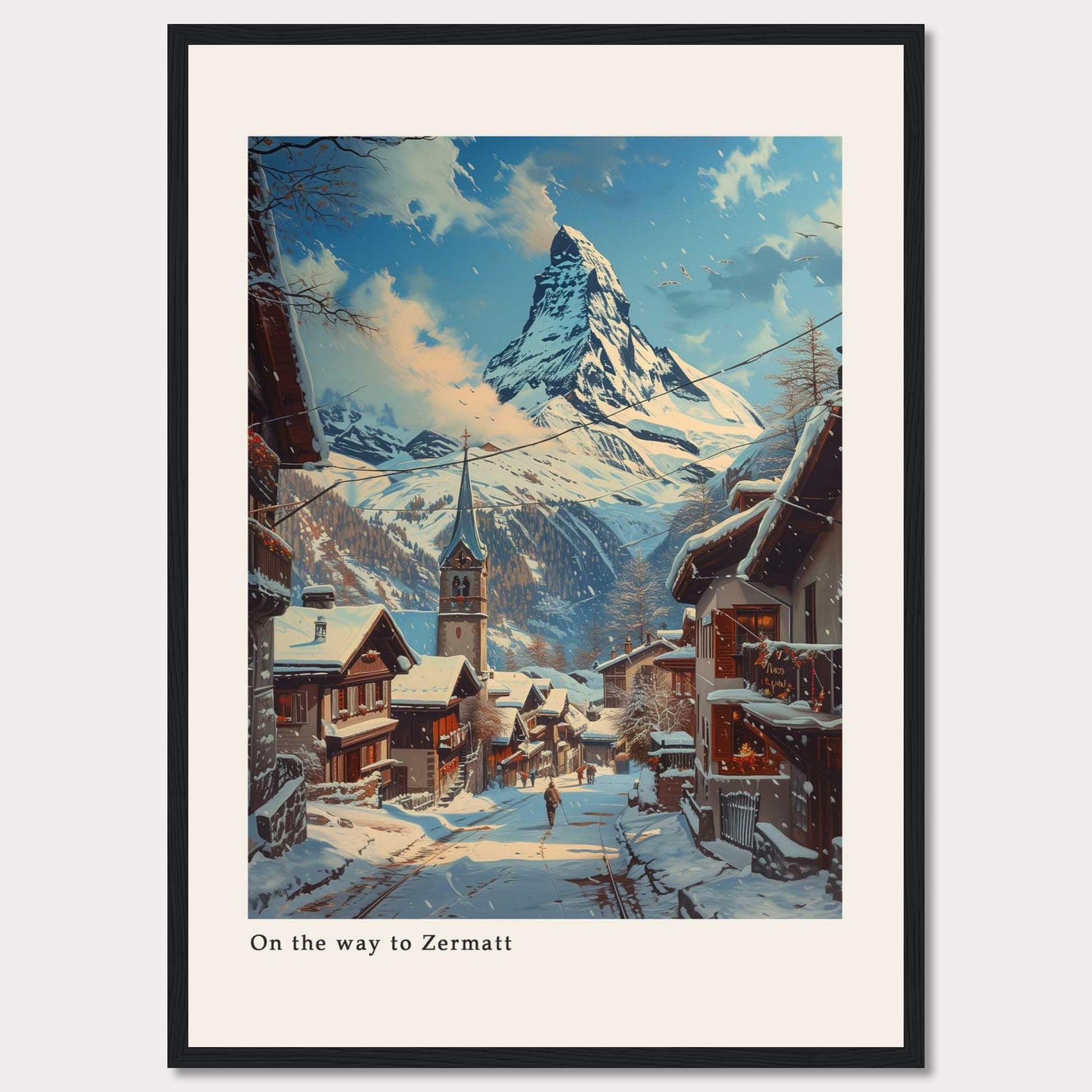 This beautiful artwork captures a serene winter scene on the way to Zermatt, featuring snow-covered rooftops and a majestic mountain in the background.