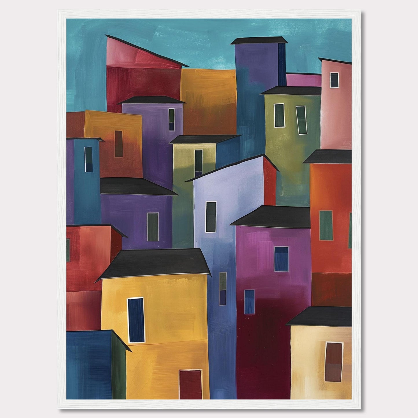 This vibrant painting features a colorful array of abstract buildings, each with unique hues and shapes, set against a serene blue sky. The bold use of colors and geometric forms creates a lively and dynamic cityscape.