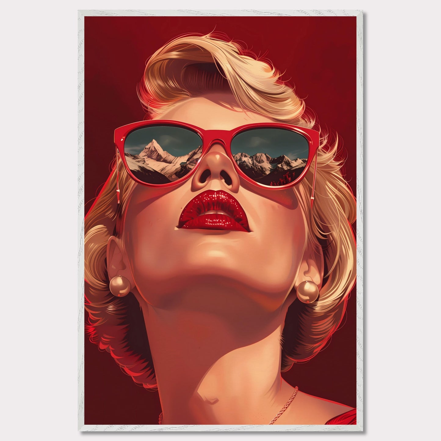 This striking artwork features a glamorous woman with blonde hair, wearing bold red sunglasses that reflect a stunning mountain landscape. Her vibrant red lips and pearl earrings add to the sophisticated and stylish aura of the piece.