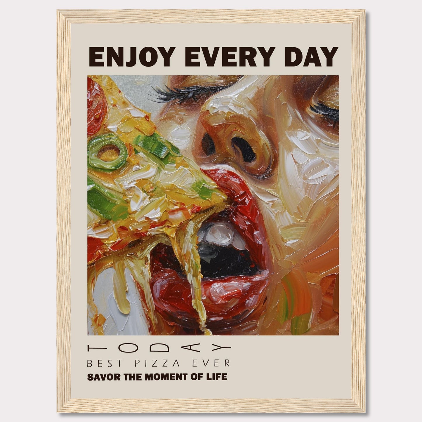 Enjoy a delicious slice of pizza every day with this vibrant and artistic poster. The image showcases a close-up of a person savoring a cheesy, vegetable-topped pizza slice.