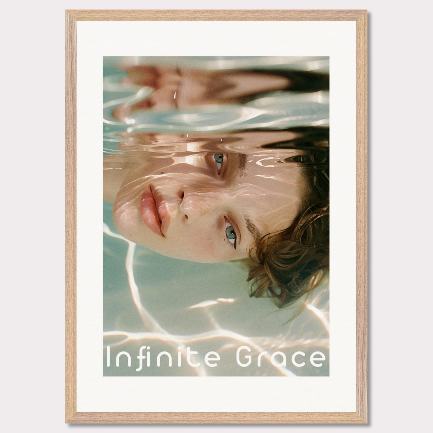 This is an illustration of a person's face partially submerged in water, creating a reflective and serene effect. The text "Infinite Grace" is displayed at the bottom of the image.

Where will this poster fit: This poster would fit well in a modern living room, a bedroom, or a creative studio space.