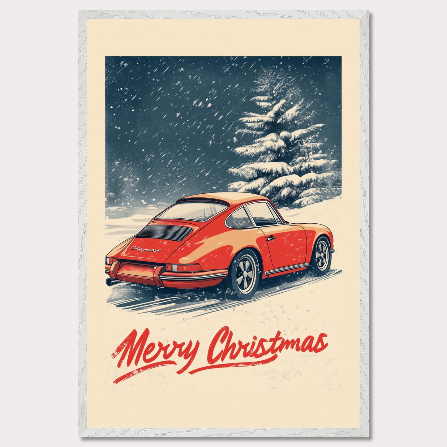 This nostalgic holiday poster features a striking red Porsche driving through a snow-covered landscape, with festive snowflakes gently falling around the scene. A snowy tree and soft winter hues create a cozy and festive atmosphere. The bold "Merry Christmas" typography adds an extra touch of holiday cheer, making it a perfect way to celebrate the season with a classic car enthusiast's touch.