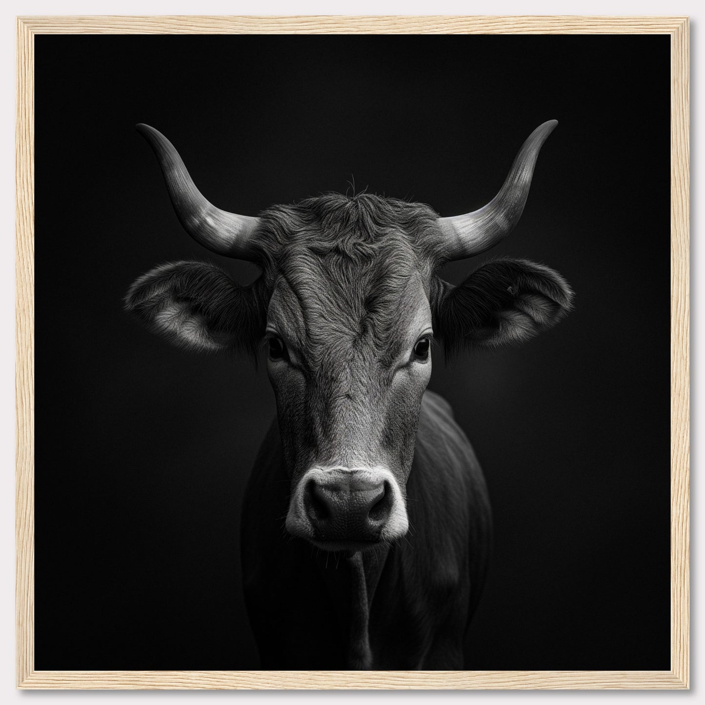 This stunning black and white photograph captures the striking image of a cow, highlighting its majestic horns and serene expression. The detailed texture of the cow's fur is beautifully contrasted against the dark background, creating a powerful visual impact.