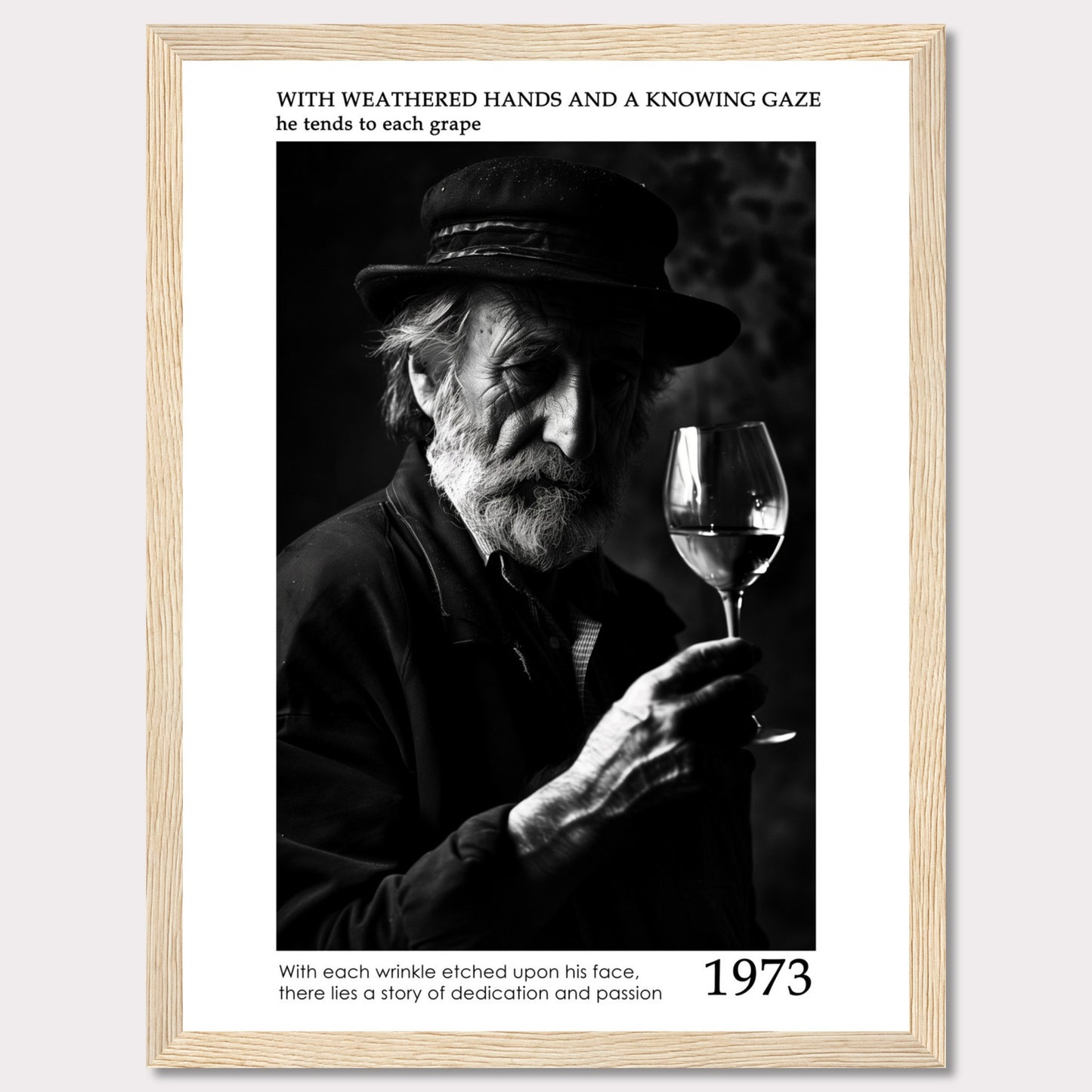 This evocative black-and-white photograph captures an elderly man with a weathered face, holding a glass of wine. His thoughtful gaze and the detailed wrinkles on his face tell a story of dedication and passion. The text accompanying the image reads: "With weathered hands and a knowing gaze he tends to each grape. With each wrinkle etched upon his face, there lies a story of dedication and passion." The year 1973 is prominently displayed.