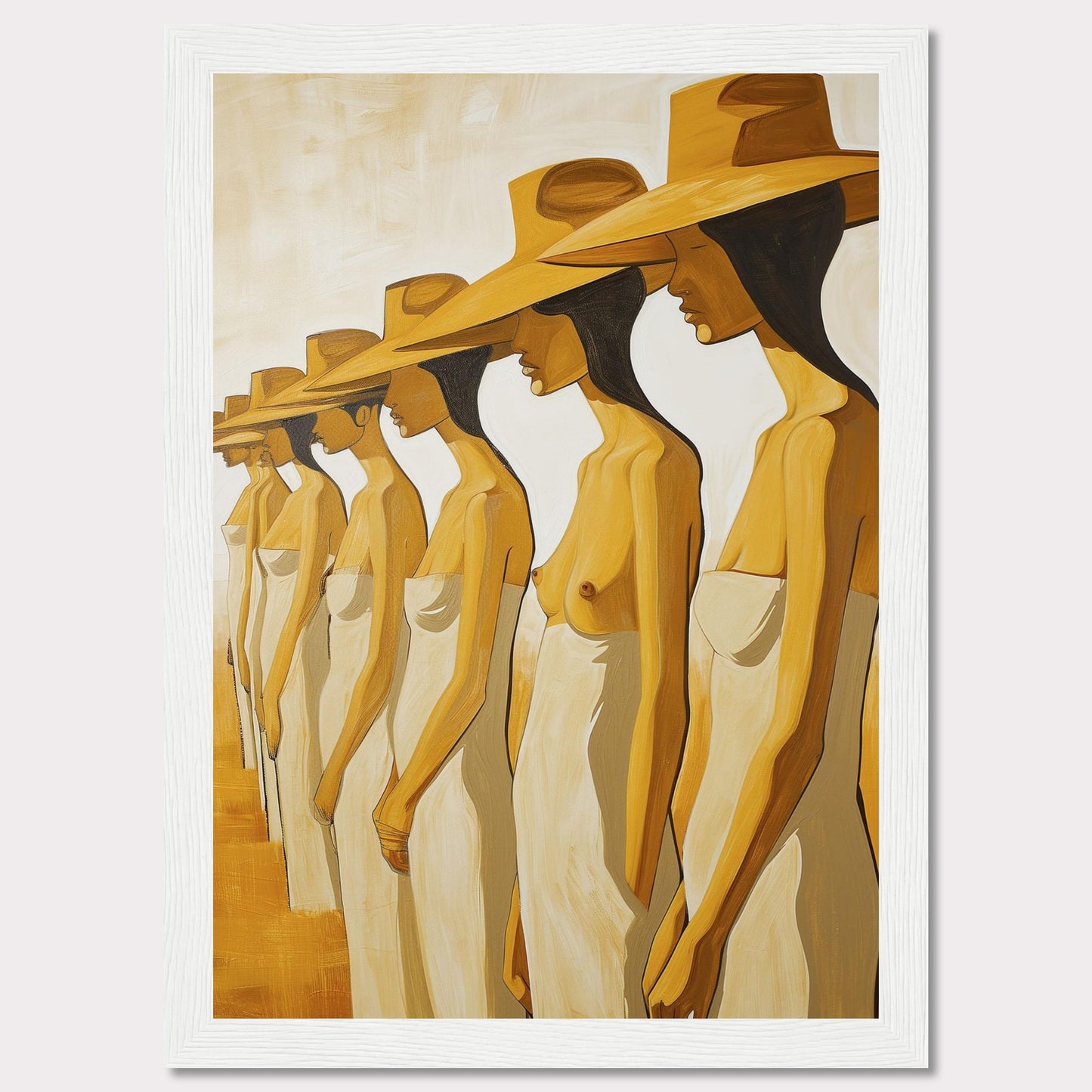 This striking artwork features a row of women standing in profile, each wearing a large hat and draped in a simple cloth. The painting captures a sense of unity and individuality through its minimalist style and warm color palette.