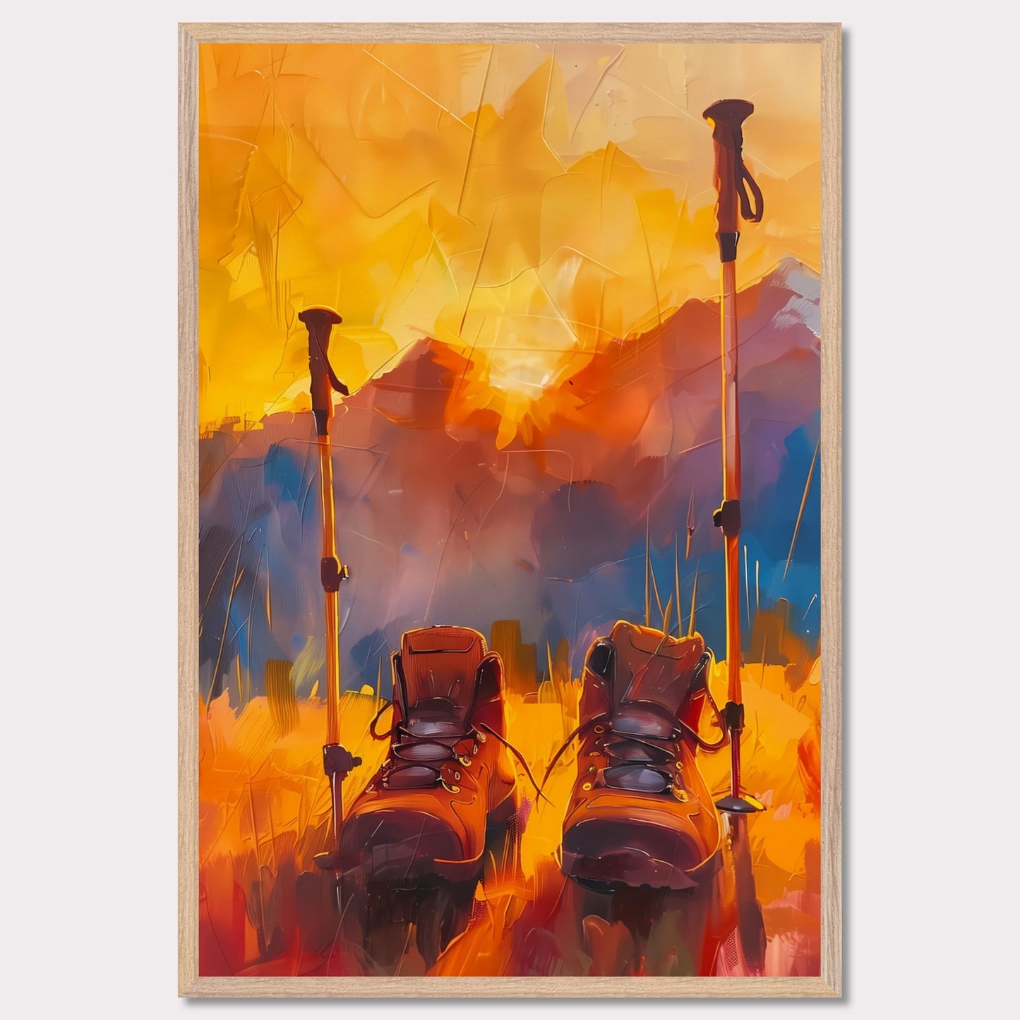 This illustration depicts a pair of hiking boots and trekking poles set against a vibrant, abstract background of mountains and a sunset.