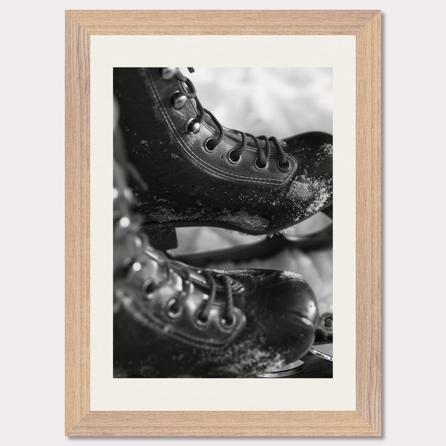 This illustration shows a close-up of a pair of ice skates with laces and blades, featuring a frosty texture. The black-and-white image captures the details of the skates, emphasizing their rugged and worn appearance. 