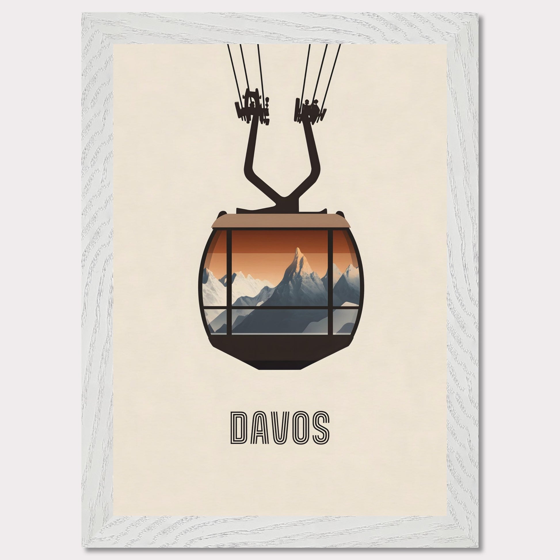 A striking minimalist poster featuring a cable car with a breathtaking view of the Swiss Alps. The warm tones contrast with the cool mountain peaks, evoking the excitement of alpine adventures.
