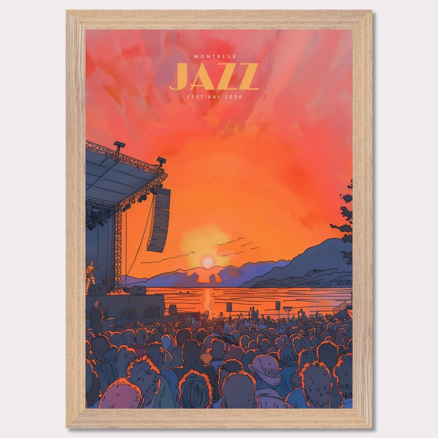 This vibrant poster showcases the Montreux Jazz Festival 2024, capturing the essence of a live outdoor concert at sunset. The scene is set with a large crowd facing a stage where a musician performs against a backdrop of a stunning sunset over a lake and mountains.