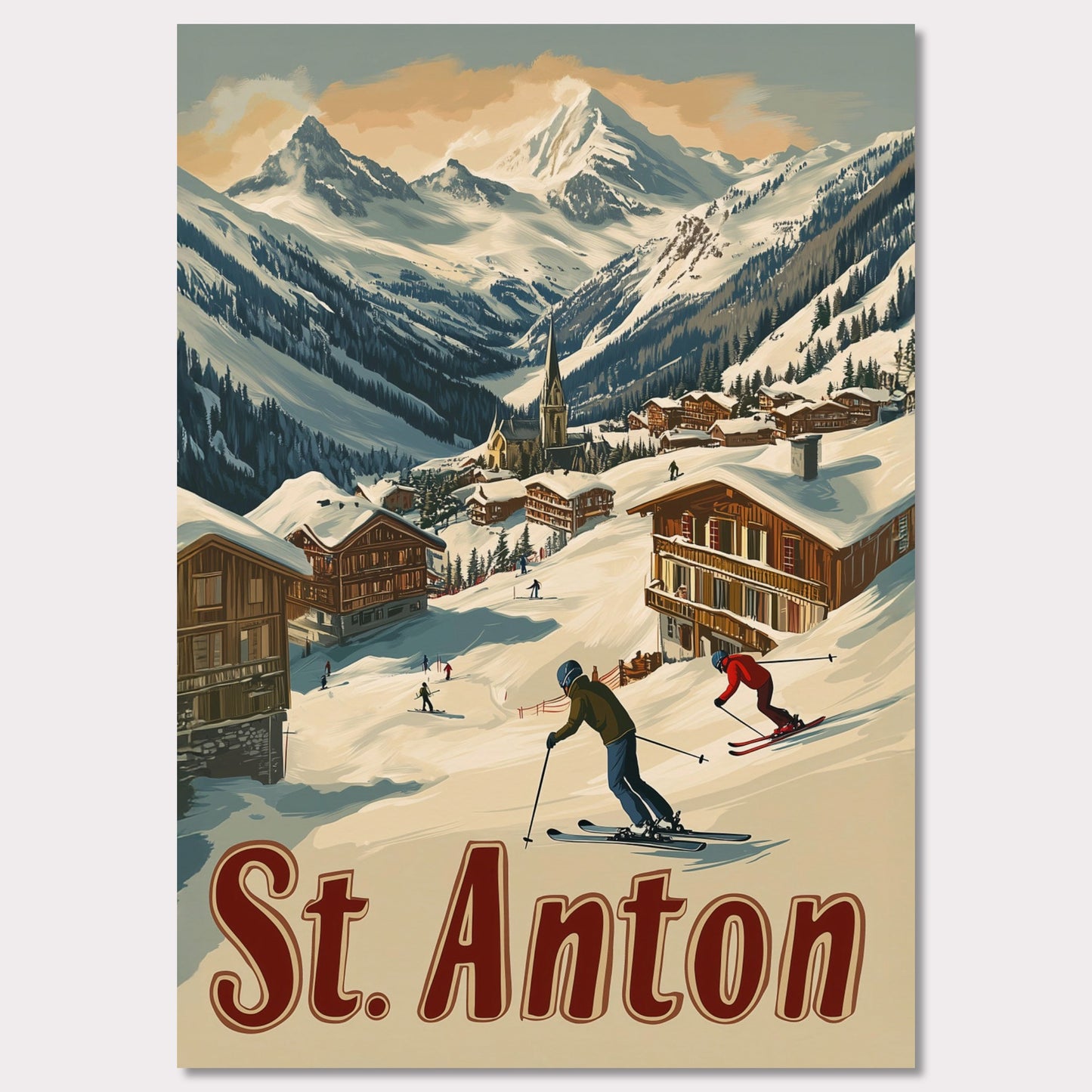 This captivating poster showcases the thrill of skiing in St. Anton, with a group of skiers carving through the fresh powder beneath the dramatic peaks of the Alps. The background features a picturesque village of wooden chalets nestled among the snow, while the rich retro colors and typography emphasize the adventurous spirit of St. Anton as a premier ski destination. The poster evokes both the excitement of the slopes and the warmth of alpine hospitality.