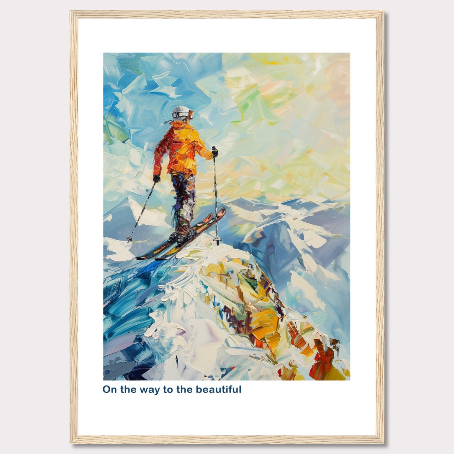 This vibrant painting captures a skier standing at the peak of a snowy mountain, ready to descend. The skier is dressed in an orange jacket and helmet, holding ski poles. The background features a stunning array of colors depicting the sky and distant mountains.