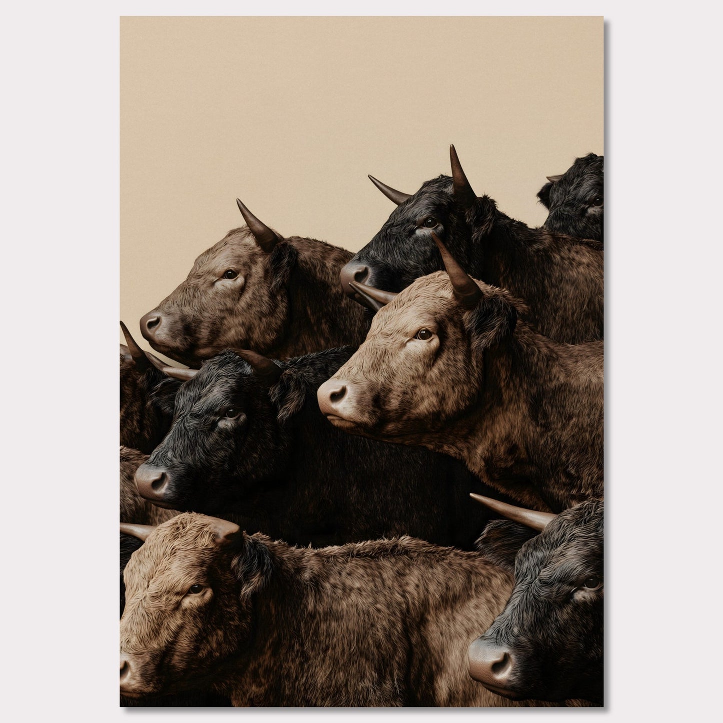 This illustration depicts a group of oxen with varying shades of brown and black fur, closely packed together against a plain beige background.

This poster will fit well in rustic or farmhouse-style interiors, animal-themed spaces, or art collections focusing on wildlife.