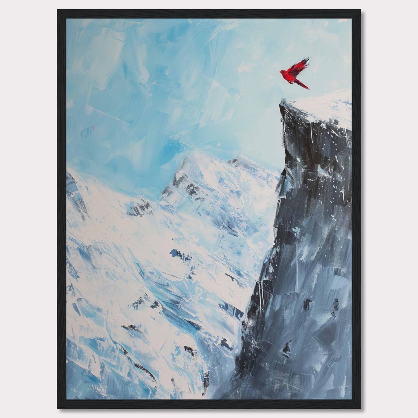 This stunning artwork captures a vibrant red bird soaring above a majestic snow-covered mountain peak, set against a serene blue sky. The contrast between the vivid bird and the icy landscape creates a striking visual impact.