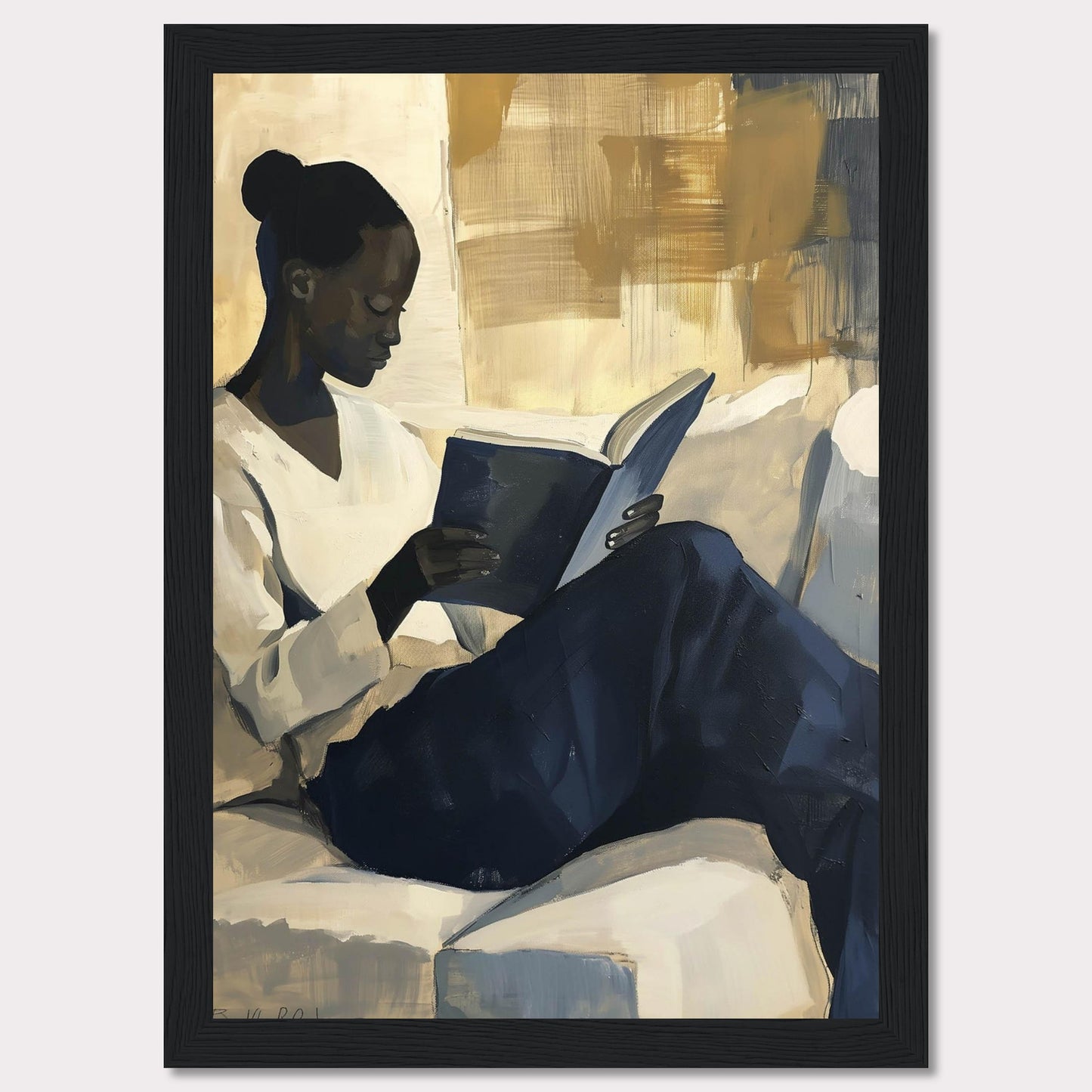 This painting captures a serene moment of a woman deeply engrossed in a book. The artwork uses a muted color palette with shades of beige, blue, and gold, creating a calm and contemplative atmosphere.