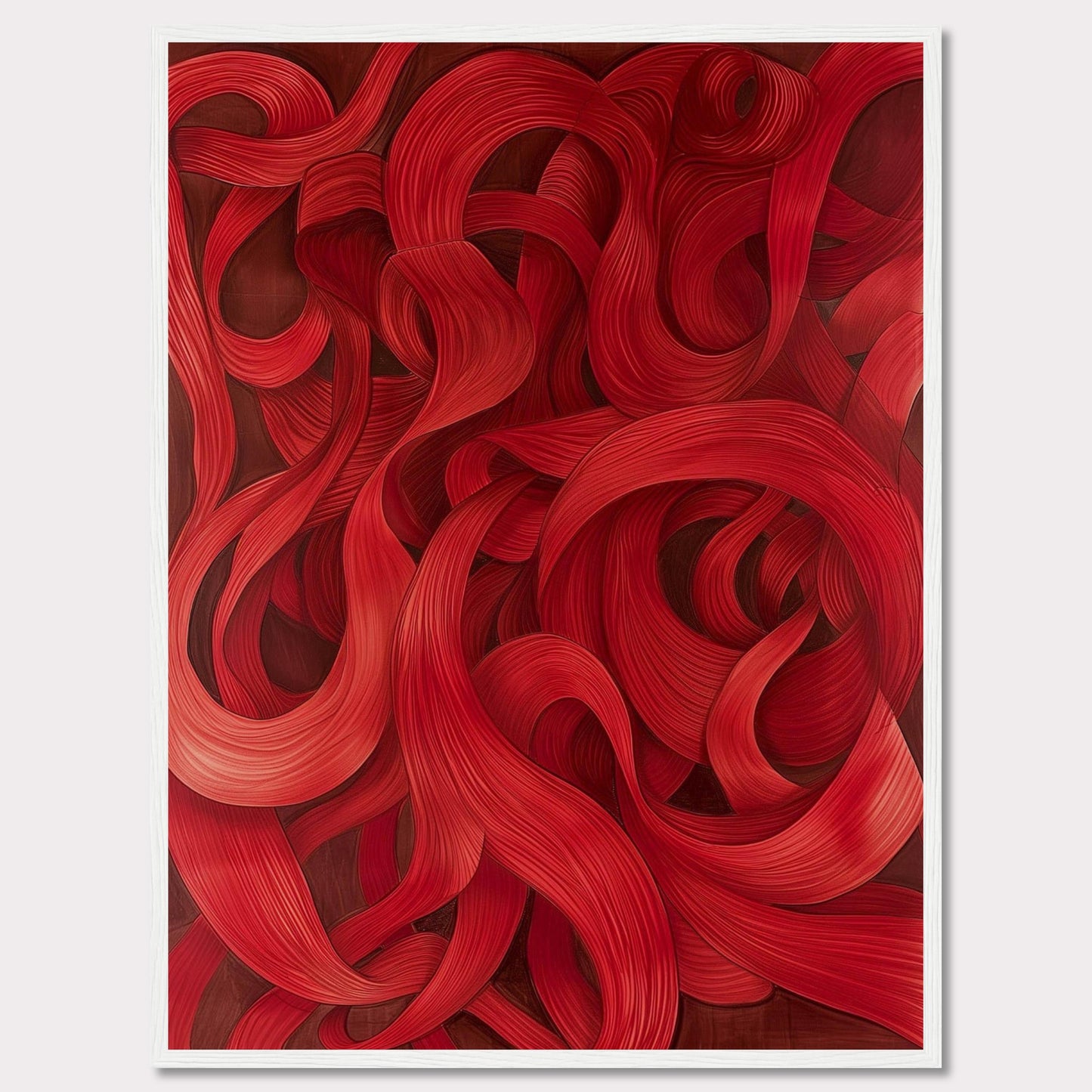 This captivating artwork features a mesmerizing array of red swirls and curves, creating a dynamic and flowing visual experience. The intricate details and rich hues draw the viewer in, evoking a sense of movement and passion.